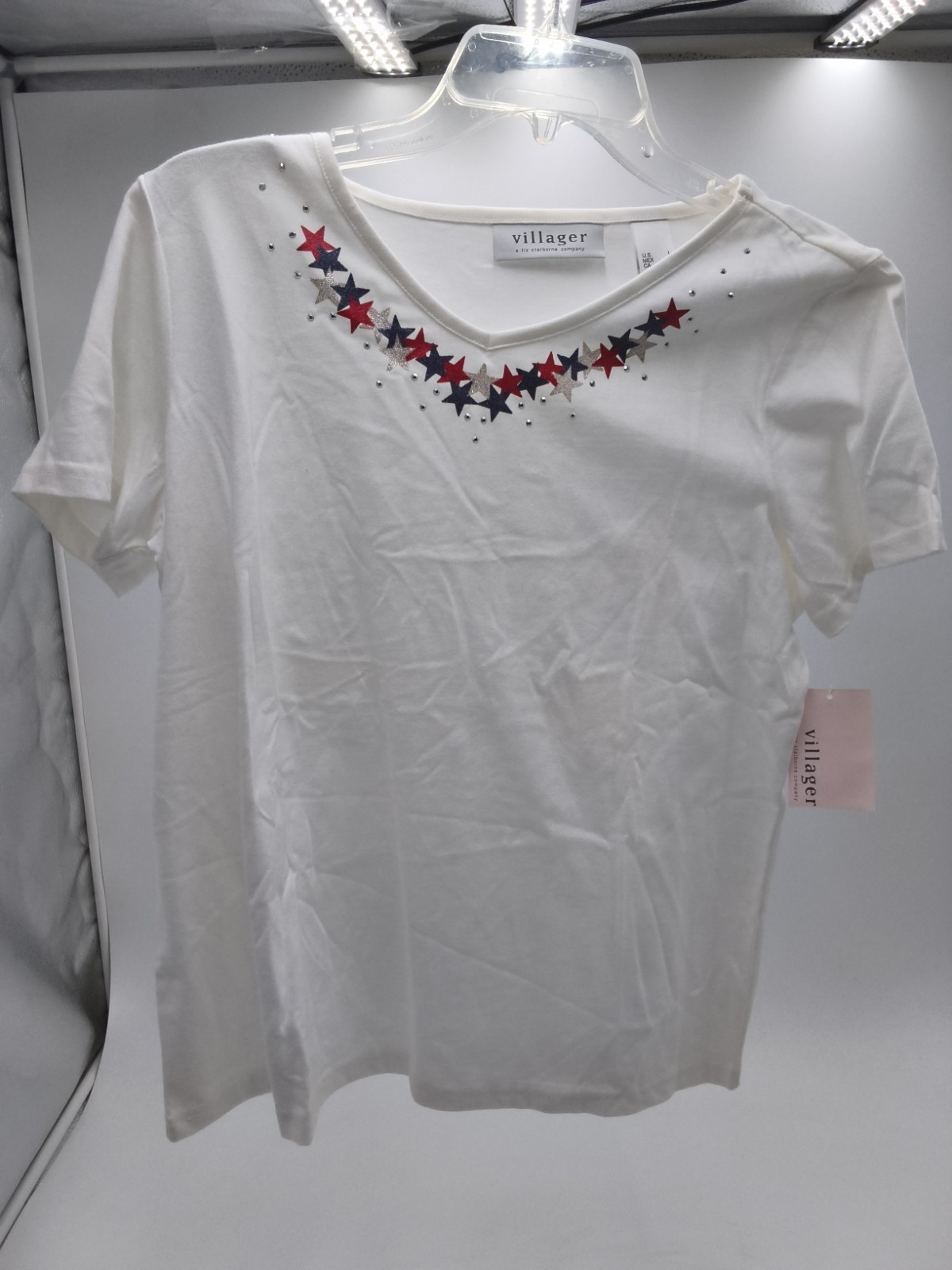 Woman’s Village Brand White Embellished Patriotic T-shirt NWT