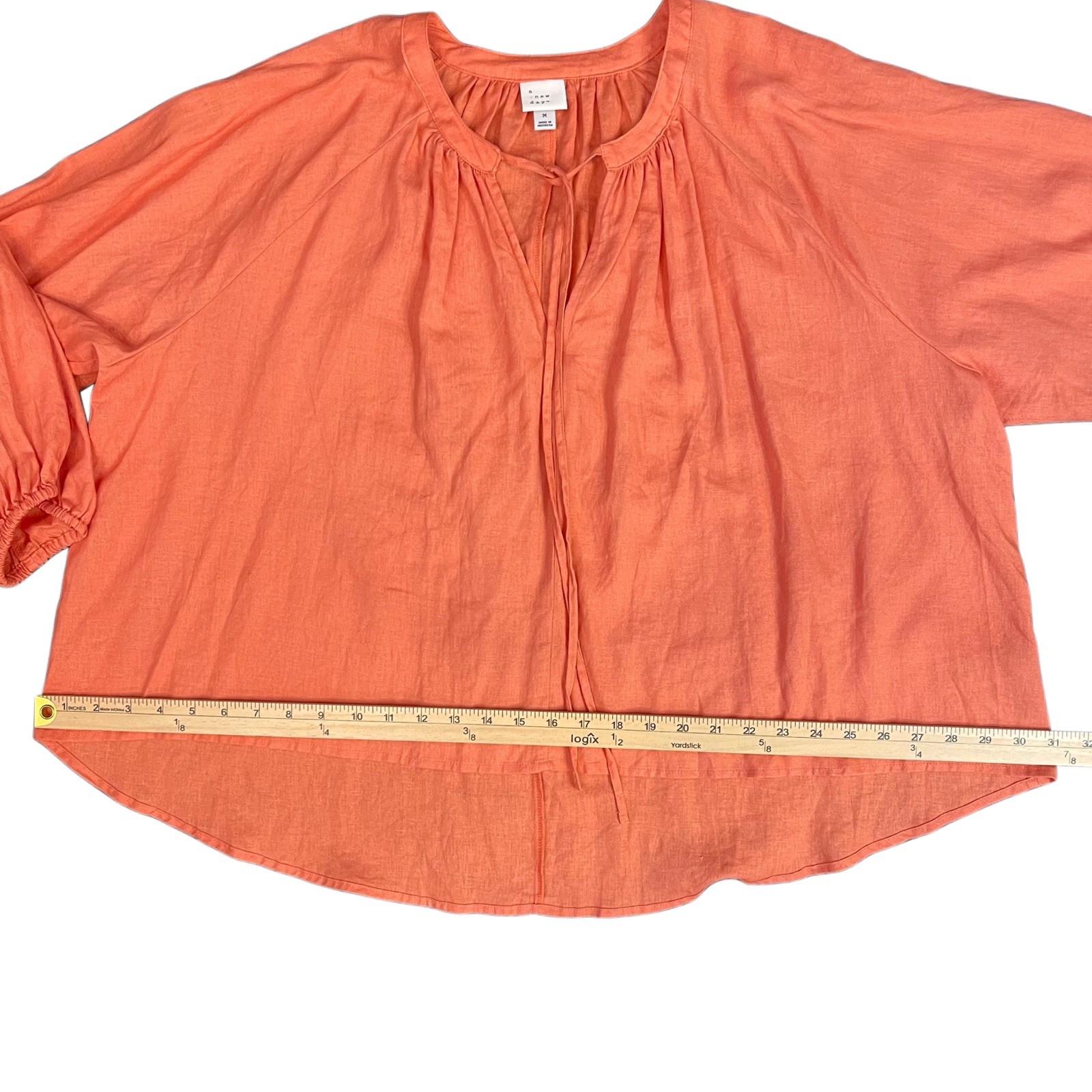 A New Day Hi Lo Orange Solid Tie Round Neck Woven Linen/Rayon Blouse Women M