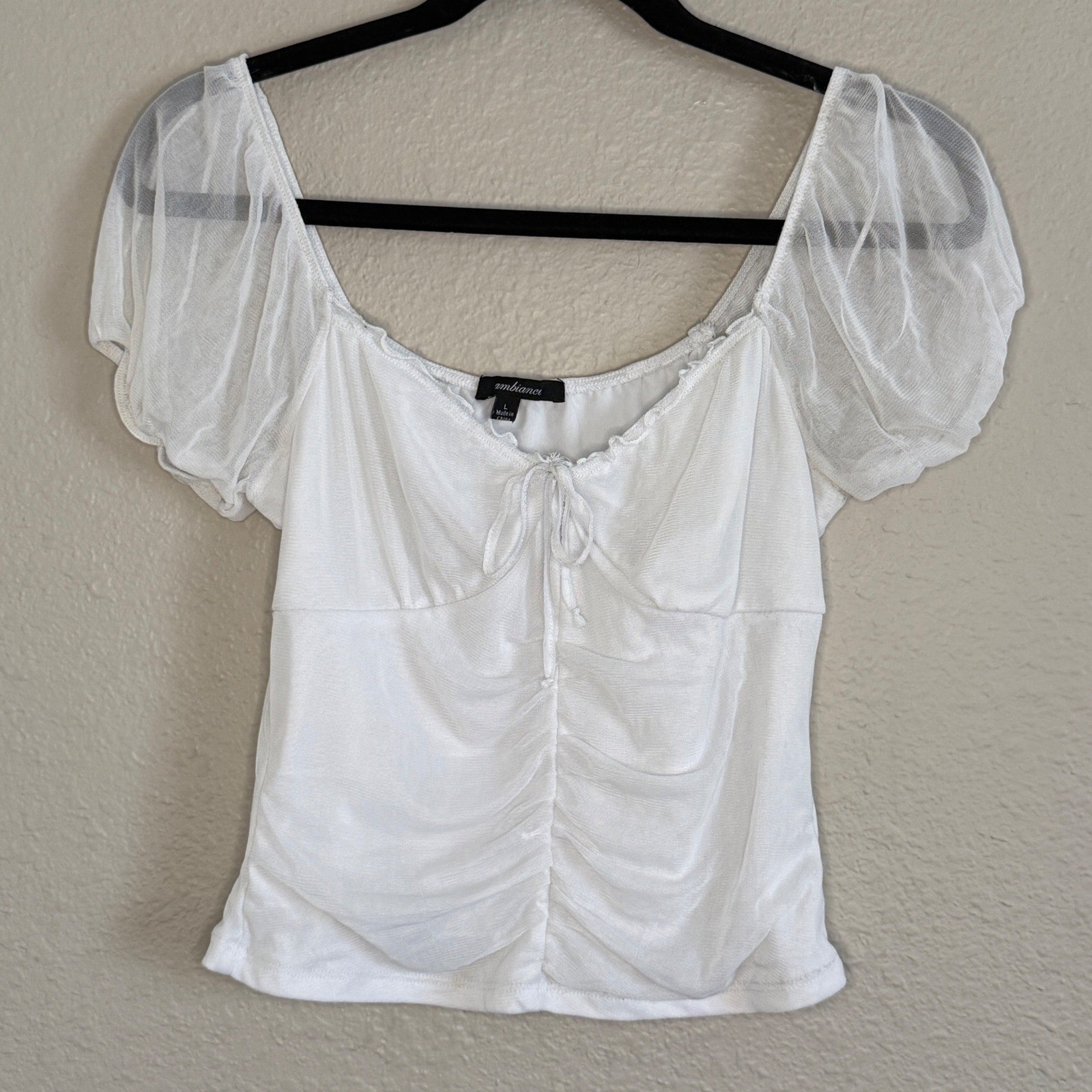 Y2K Coquette Milkmaid White Dainty Mesh Puff Sleeve Ruched Bow Top Large Fairy