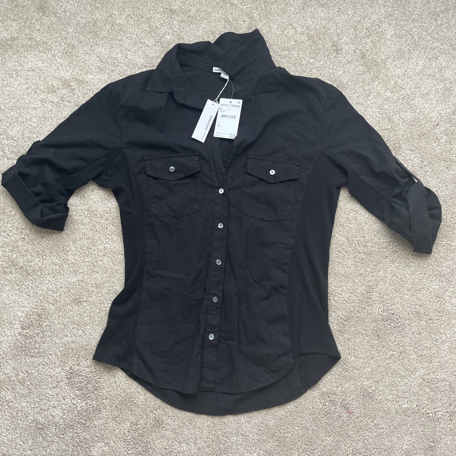 Standard James Perse Button Front Shirt Womens 3 Large Black Contrast Panel Prep