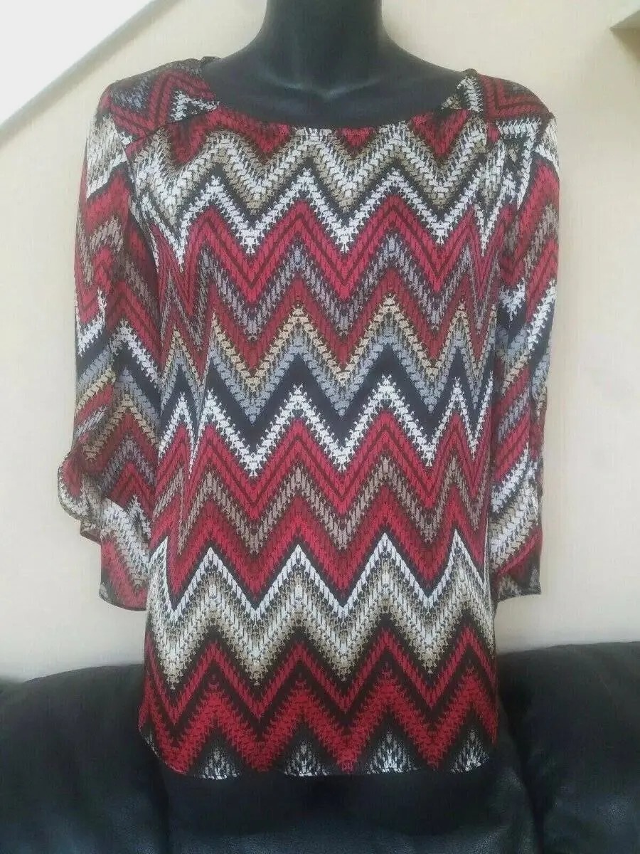 Women’s Blouse Size S Tunic Zig Zag Stripe Shirt Red & Black