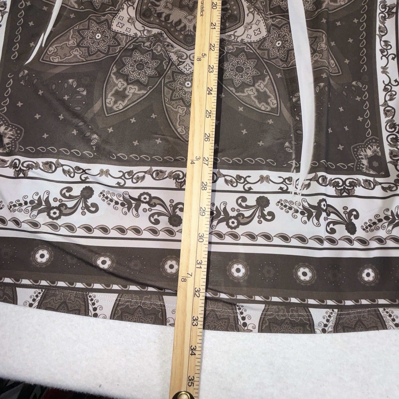 Mi Manchi XL 1X Brown Cream Paisley Tunic Top V Neck Dolman Short Sleeve USA