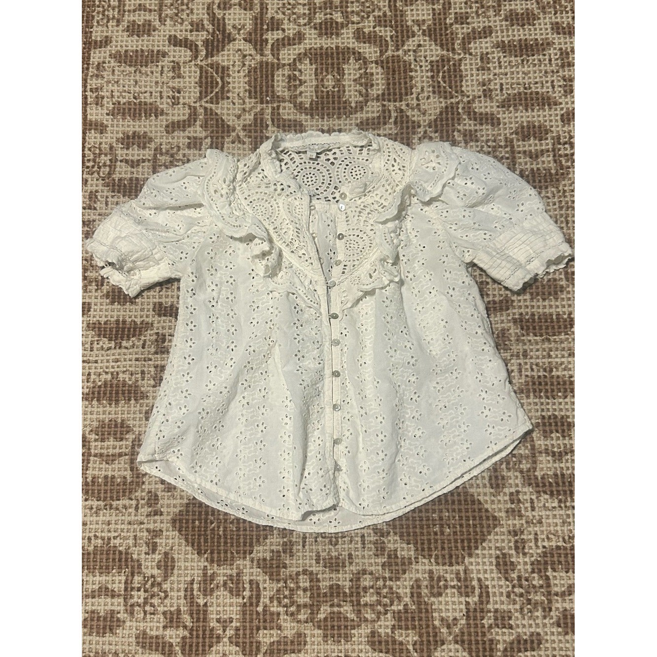 Love the Label Lace-Trim White Eyelet Ruffle Cotton Blouse