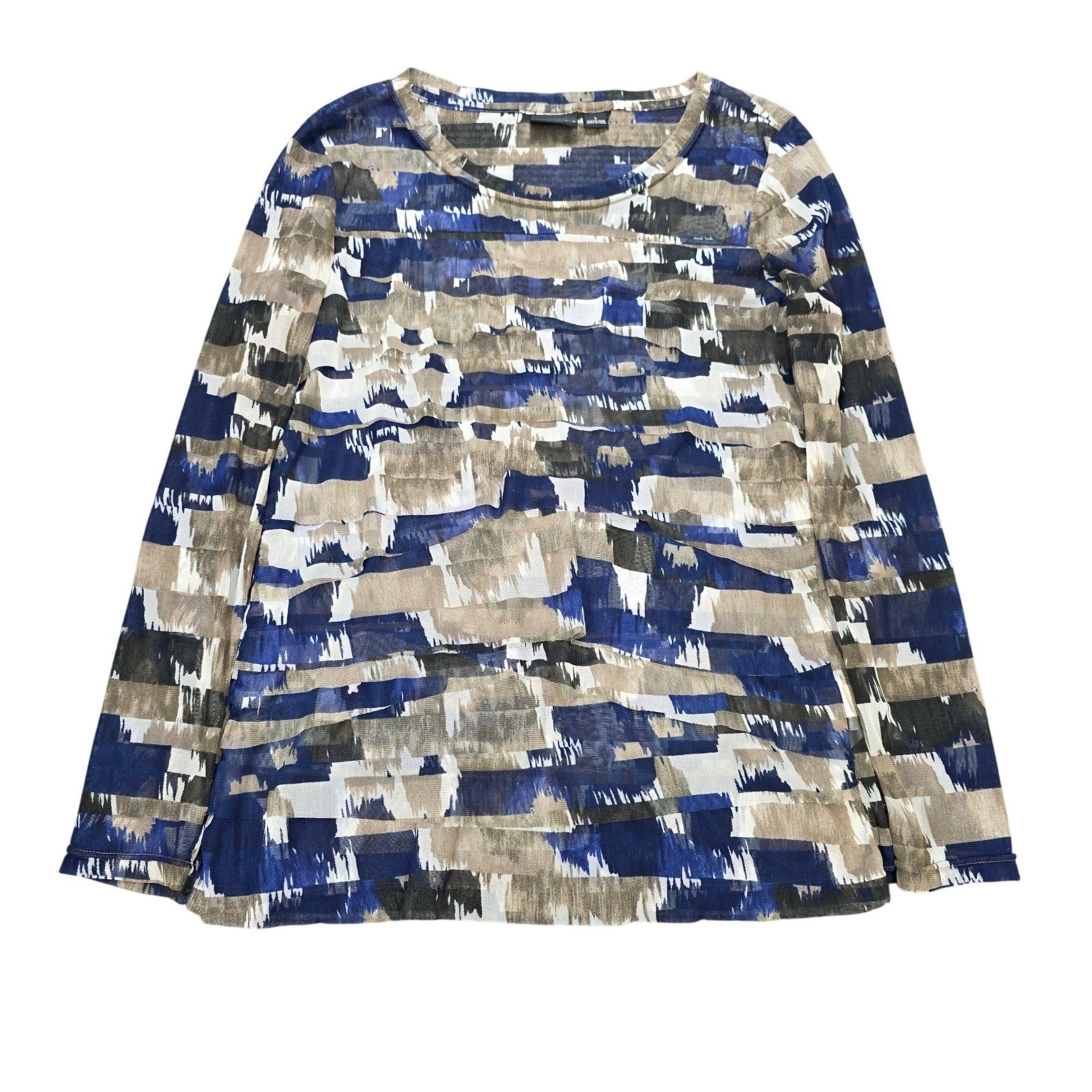 Tribal Abstract Tiered Mesh Blouse Women’s Size L Blue Tan Black Long Sleeve