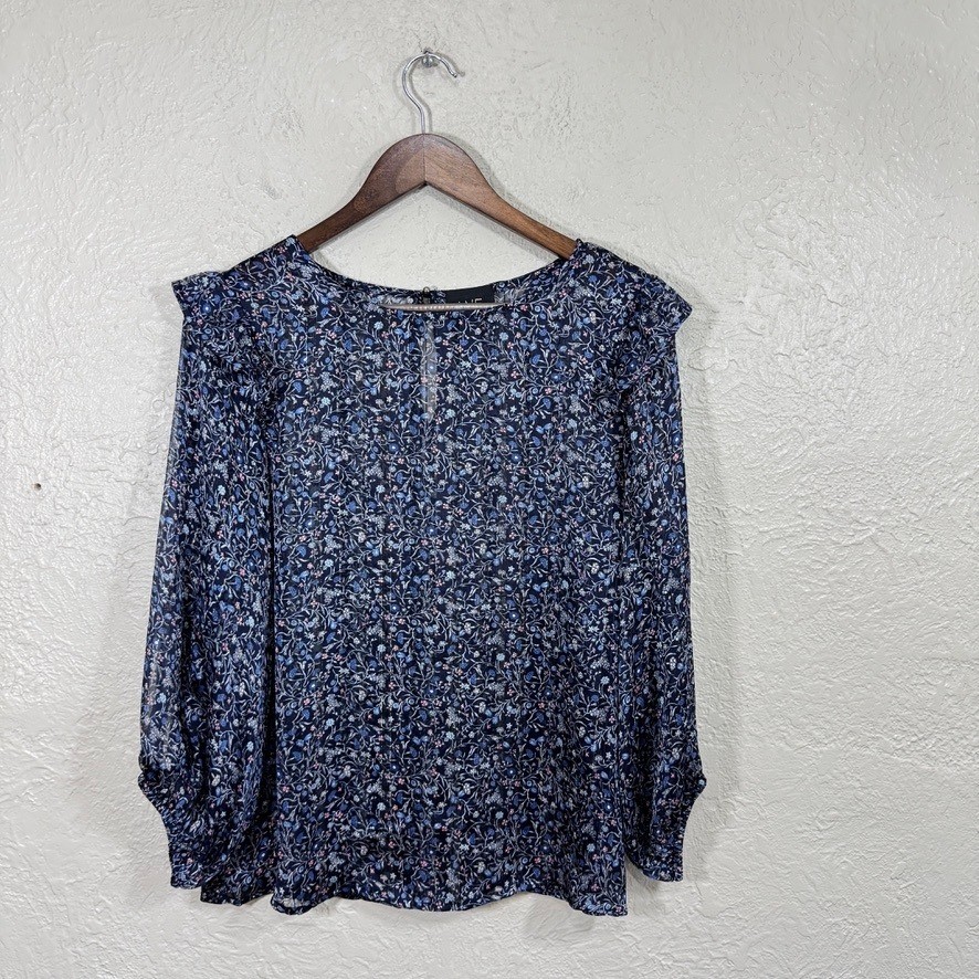 Cottagecore Ditsy Floral Sheer Ruffle Blouse Med Navy Gold Metallic Garden Artsy