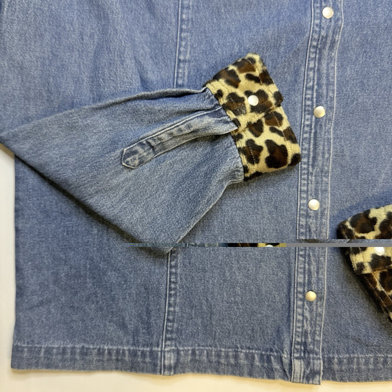 Y2K Denim Snap Button Shirt Leopard Print Collar Western Cowgirl Jacket Top L