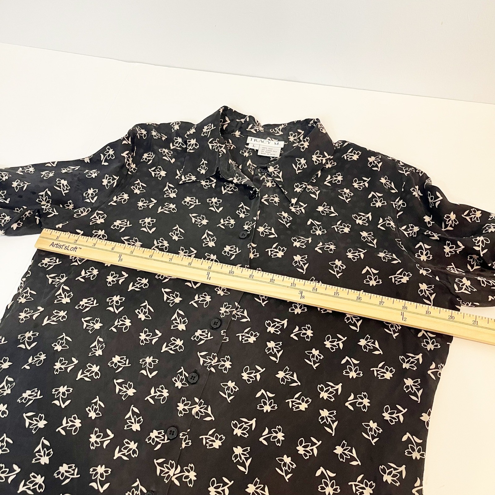 Vintage Tracy M Silk Floral Heart Blouse Black Cottagecore Button Down LARGE