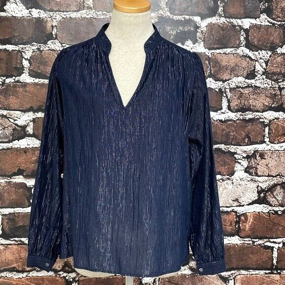 Closed Blouse Top Shirt Womens Small Blue Metallic Silver Stripe Evelyn V-Neck