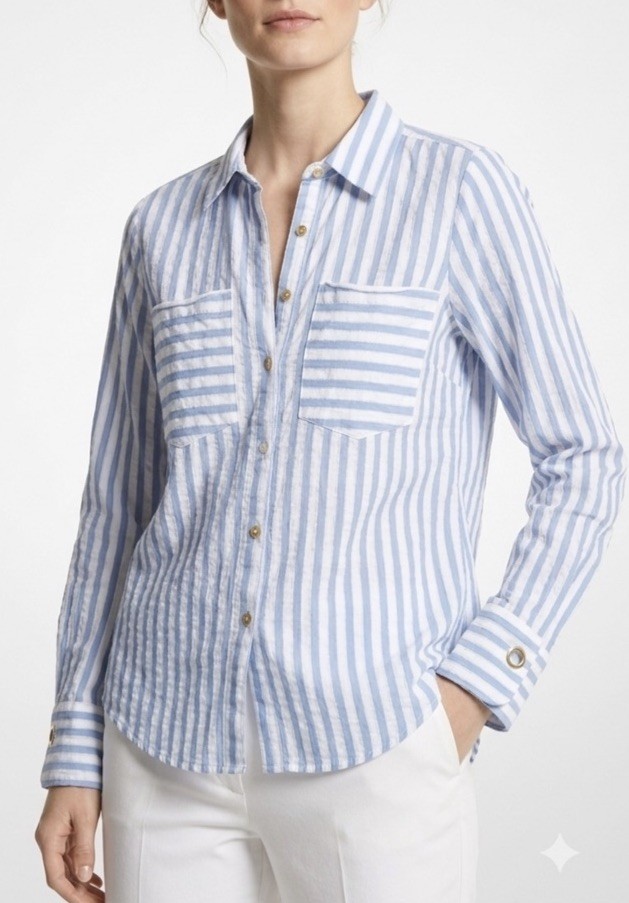 Michael Kors Blue & White Striped Gold Style Long Sleeve Button Up Women’s S