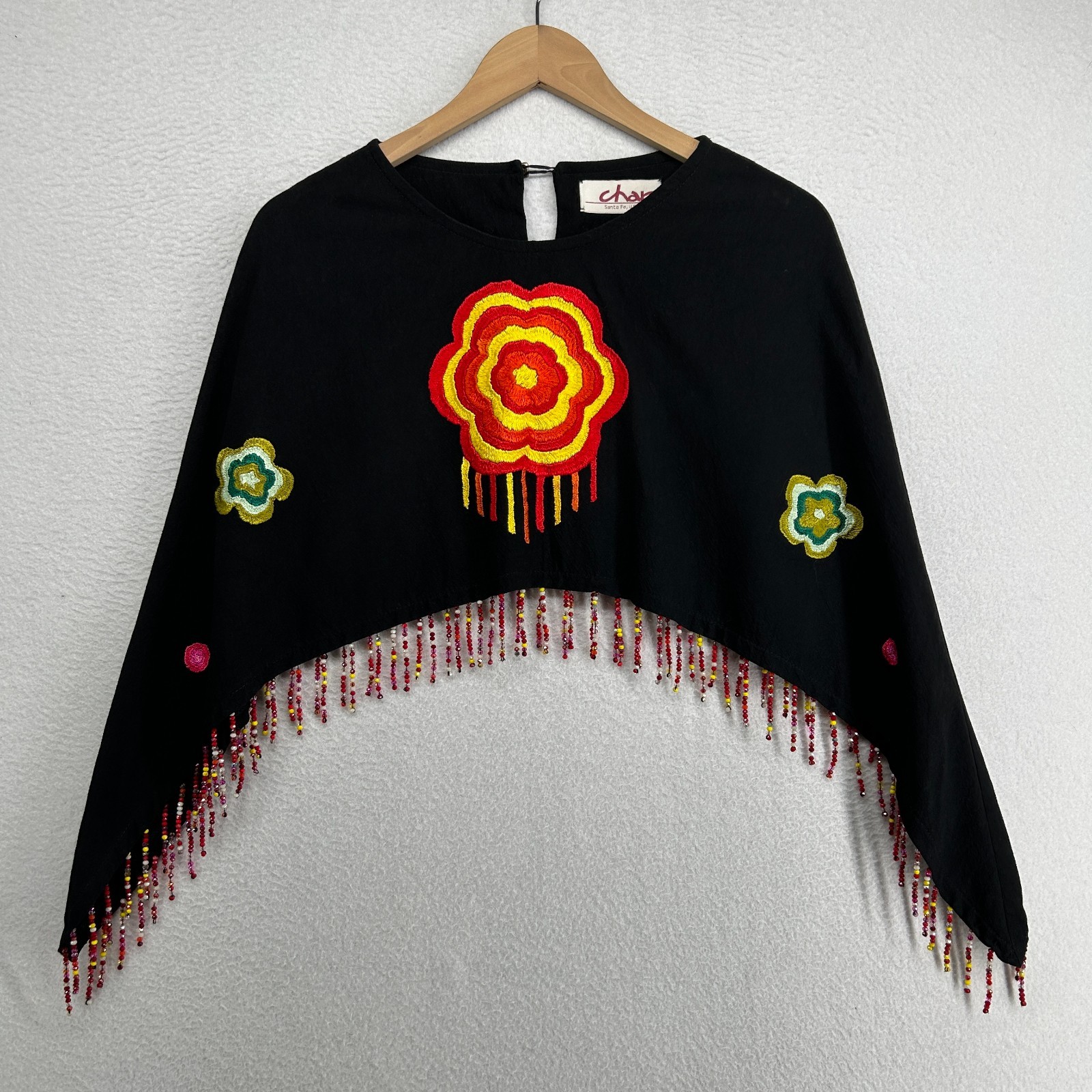 CHAR SANTA FE PONCHO Top OS Floral Deer Beaded Fringe Shawl Cotton Black USA VTG