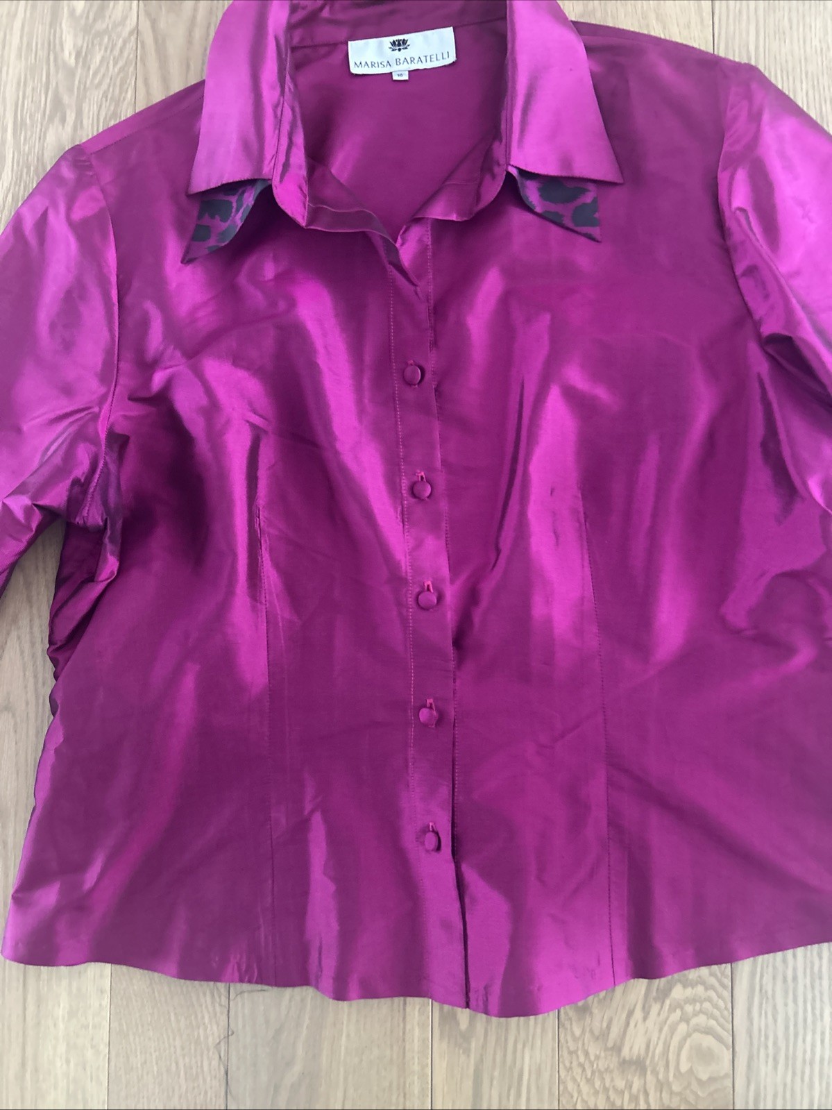 MARISA BARATELLI sz 16 Magenta Thai Silk Blouse Double Collar Cheetah Print Top