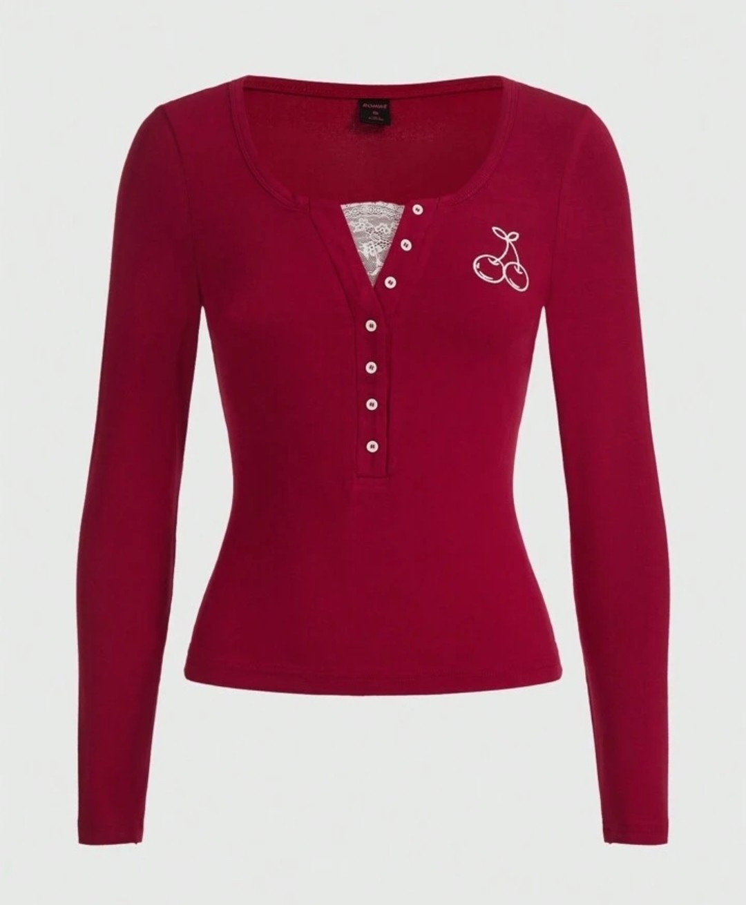 NWT Romwe Red Cherry Long-sleeve Henley Top Size LARGE Lace Y2K aesthetic