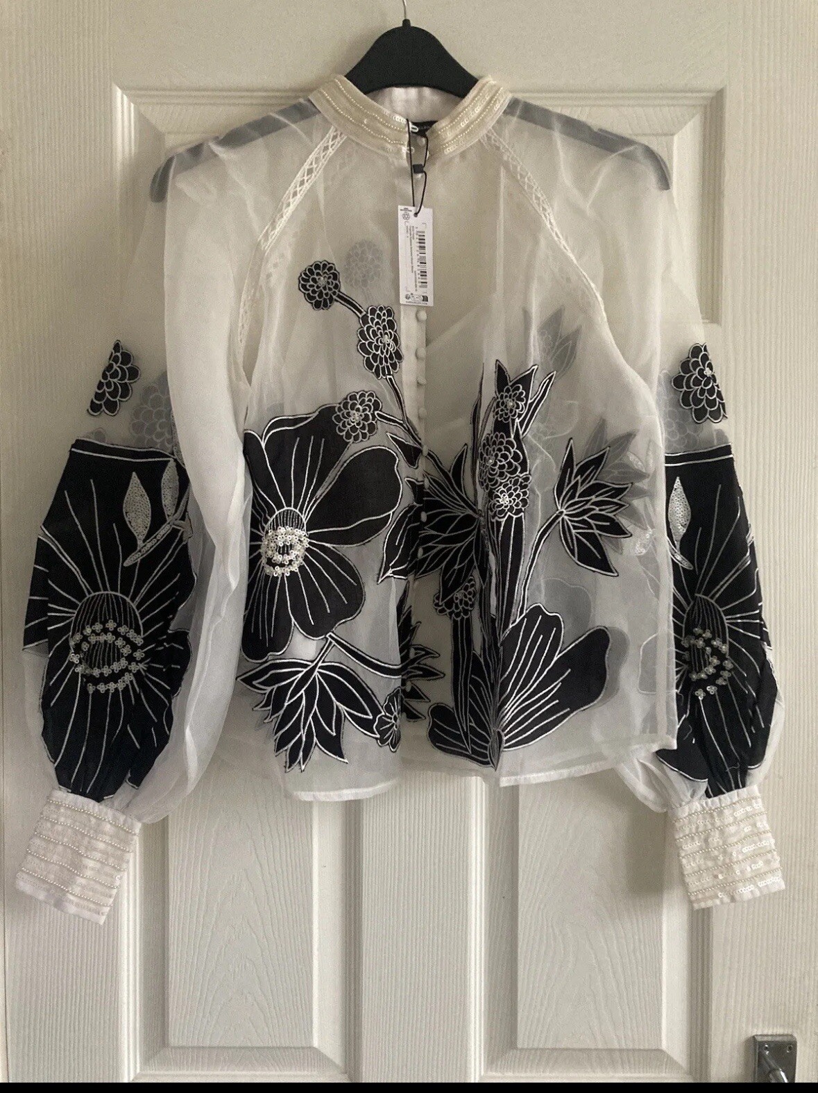£229 Karen Millen Organdie Applique Balloon Sleeve Blouse UK 8 Black White