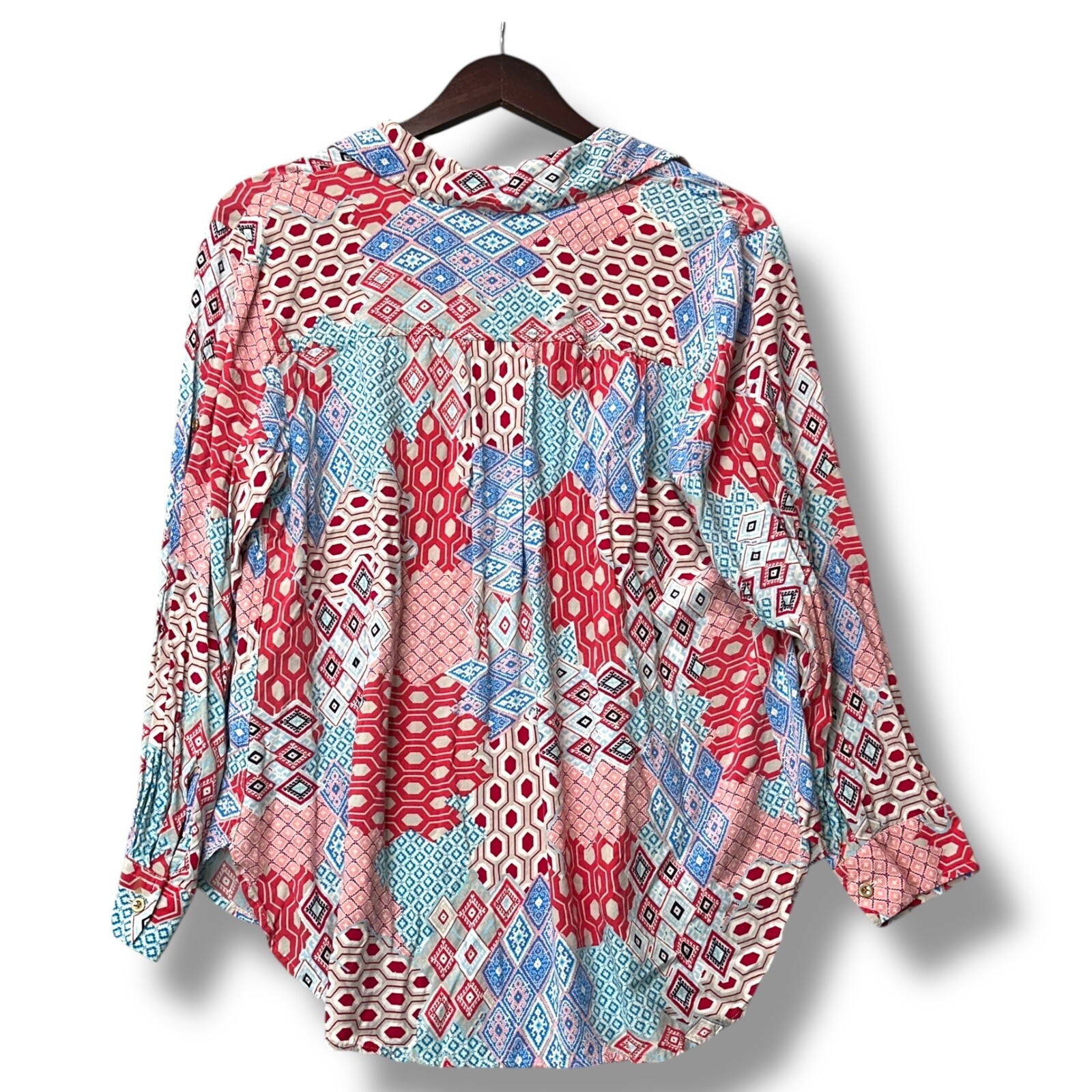 Talbots Woman Petites 1XP Geometric Popover Blouse Rayon Red Blue Boho Print