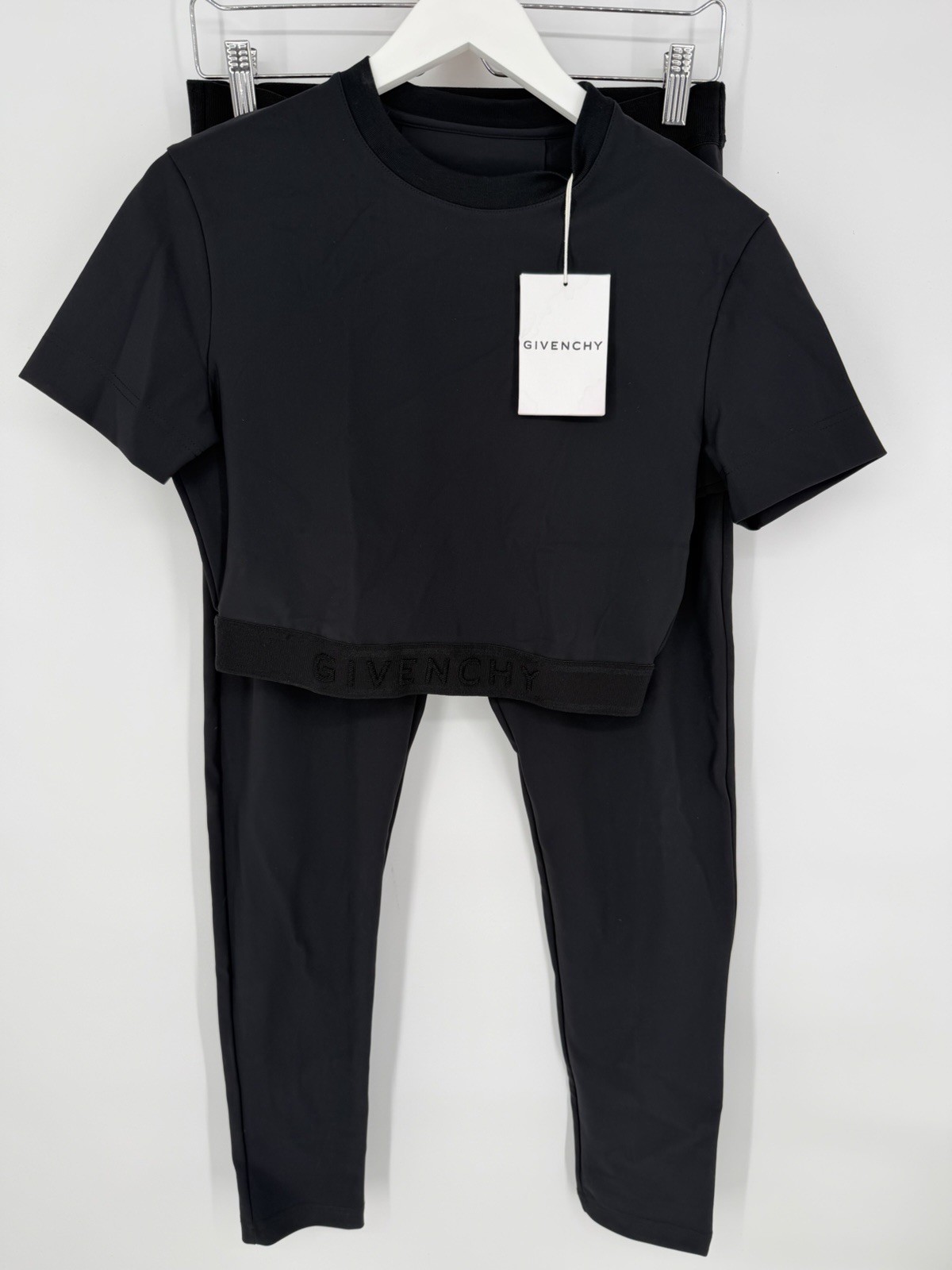 Givenchy Womens SET Cropped Gym Stretch Top T Shirt Size L Black Logo