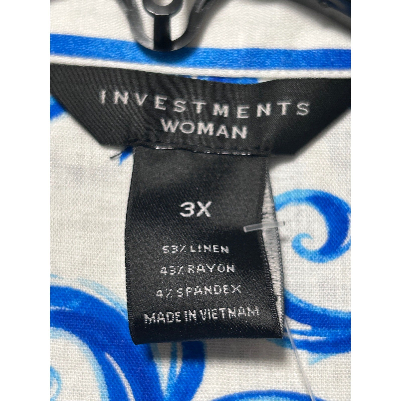NEW Investments Woman 3X Blue White Scroll Stretch Linen Button Down Shirt