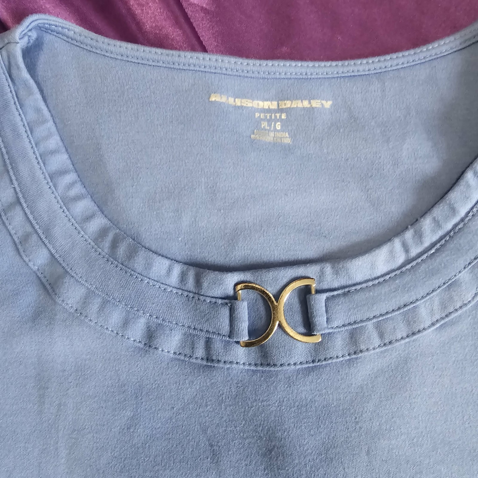 Allison Daley Women’s Petite Knit T-Shirt PL/G Blue Short Sleeve Buckle Neck