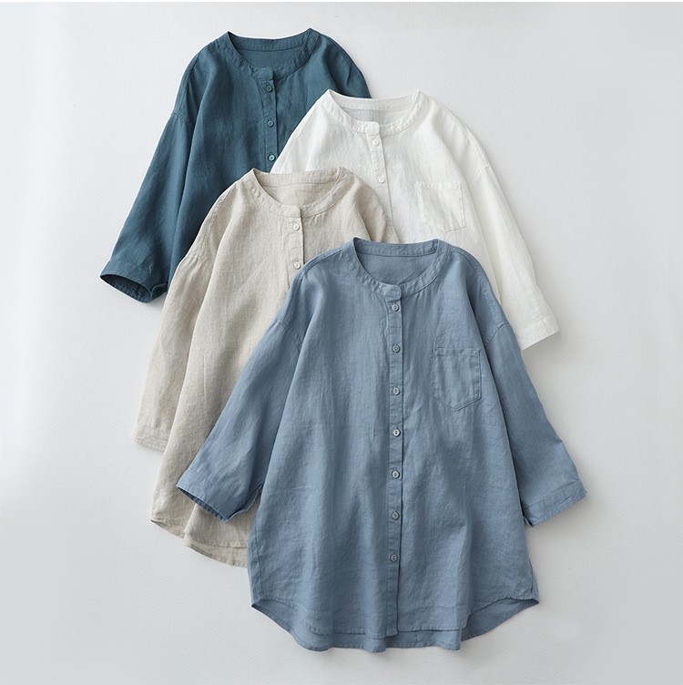 Linen Shirt Stand-up Collar, Seven-quarter Sleeves White Loose, Sunscreen Cotton
