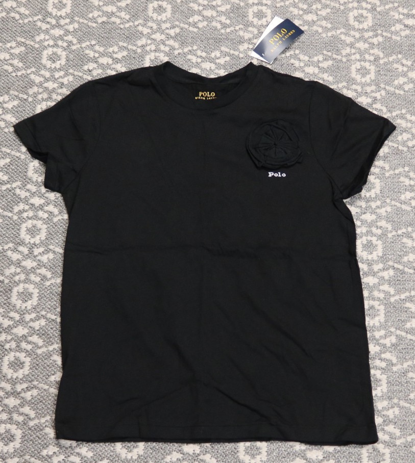 New Polo Ralph Lauren Women’s Tee T-Shirt Flower Appliqué – LARGE – Black