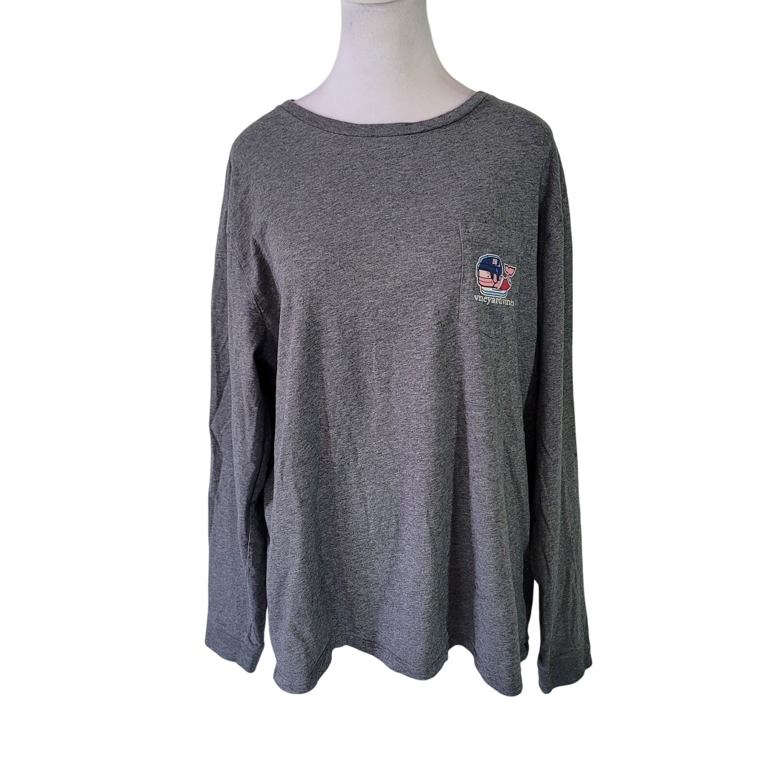 Vineyard Vines Size L Grey Long Sleeve Pocket Tee Hockey Whale Large Back Image