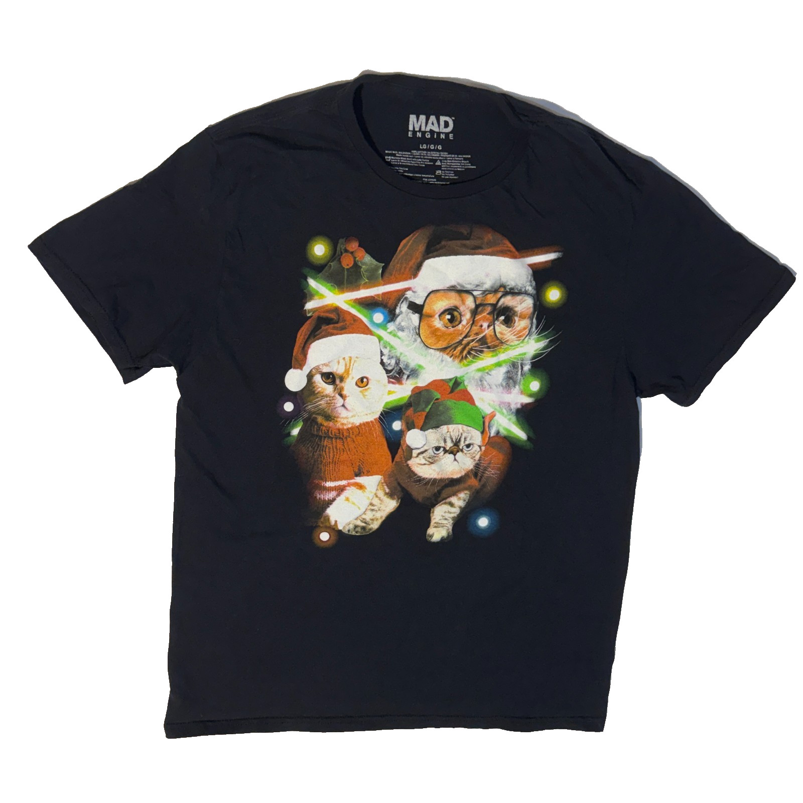 Mad Engine Funny Christmas Sweater Cat Lasers Graphic Tee – Large