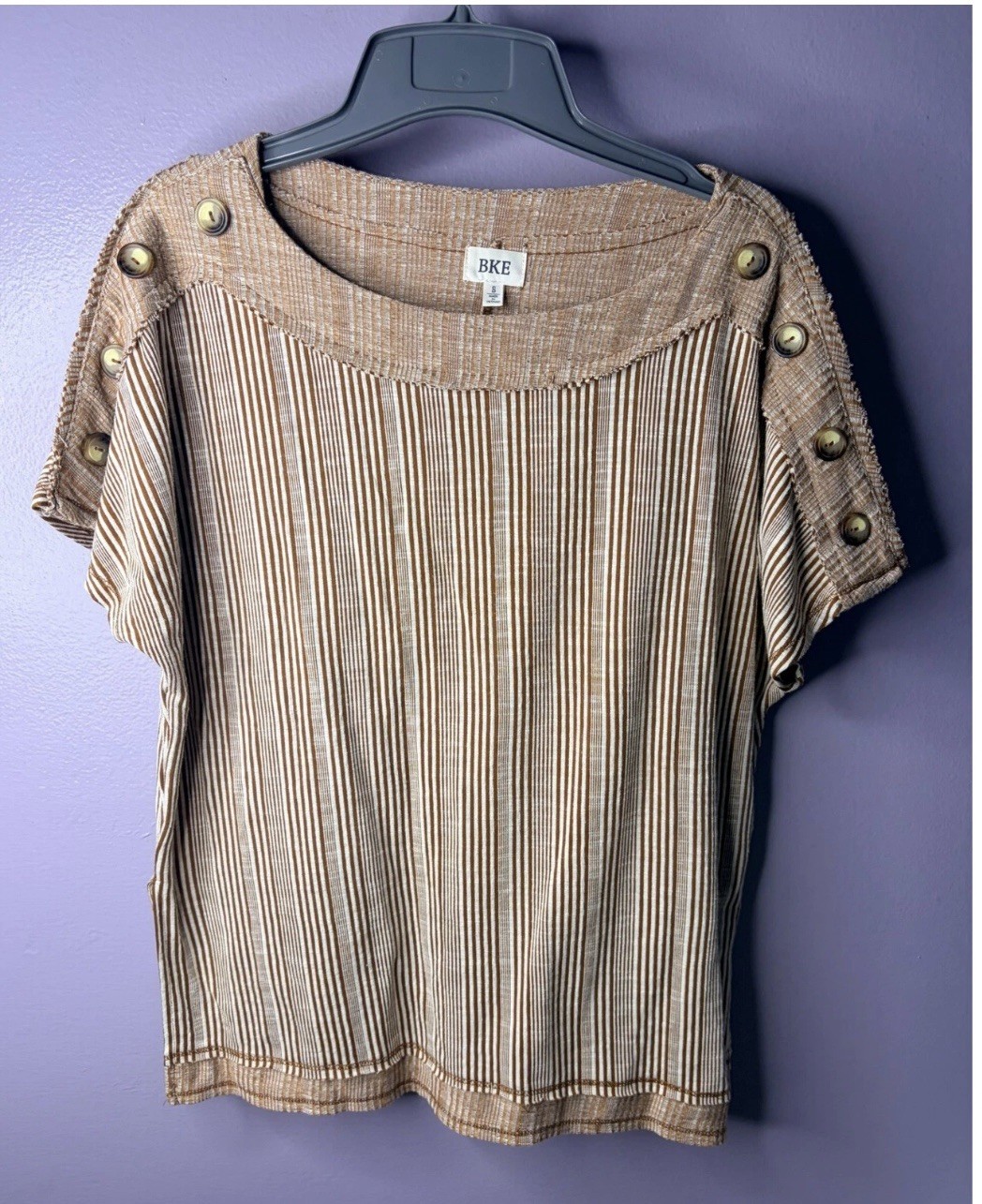 BKE Womens Brown White Striped Boat Neck Button Shoulder Top Size S Short Sleeve