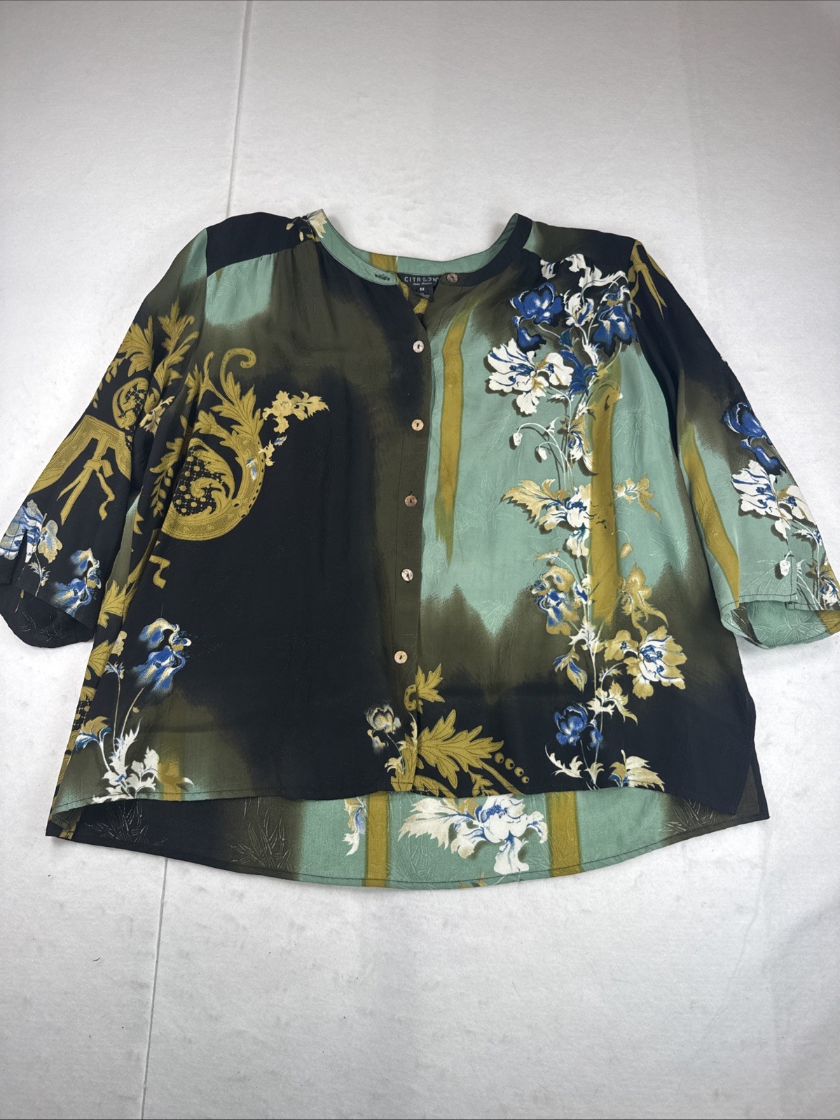 Citron Santa Monica 100% Silk Floral Blouse Top Green Black Size 2X Art To Wear