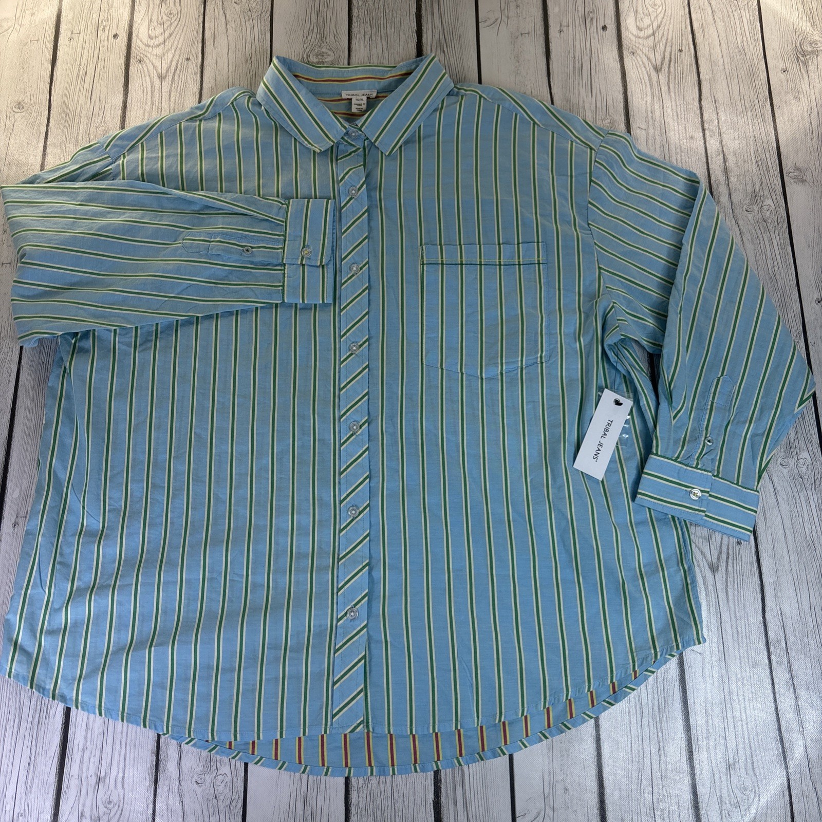 Tribal Jeans Women’s TG/XL Striped Long Sleeve Button-Up Shirt Green Sea NWT.