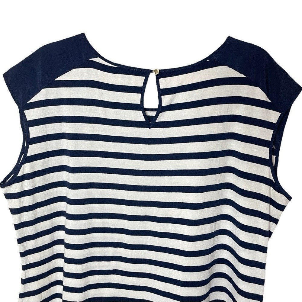 ANNE KLEIN NWOT White & Navy Sailor Striped Cap-Sleeve Top, Gold Logo Zipper, 1X