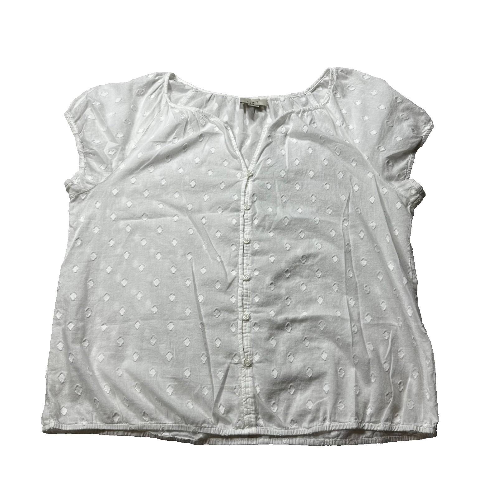 LOFT Textured Blouse Womens L White Diamond Polka Dot Cap Sleeve Cotton