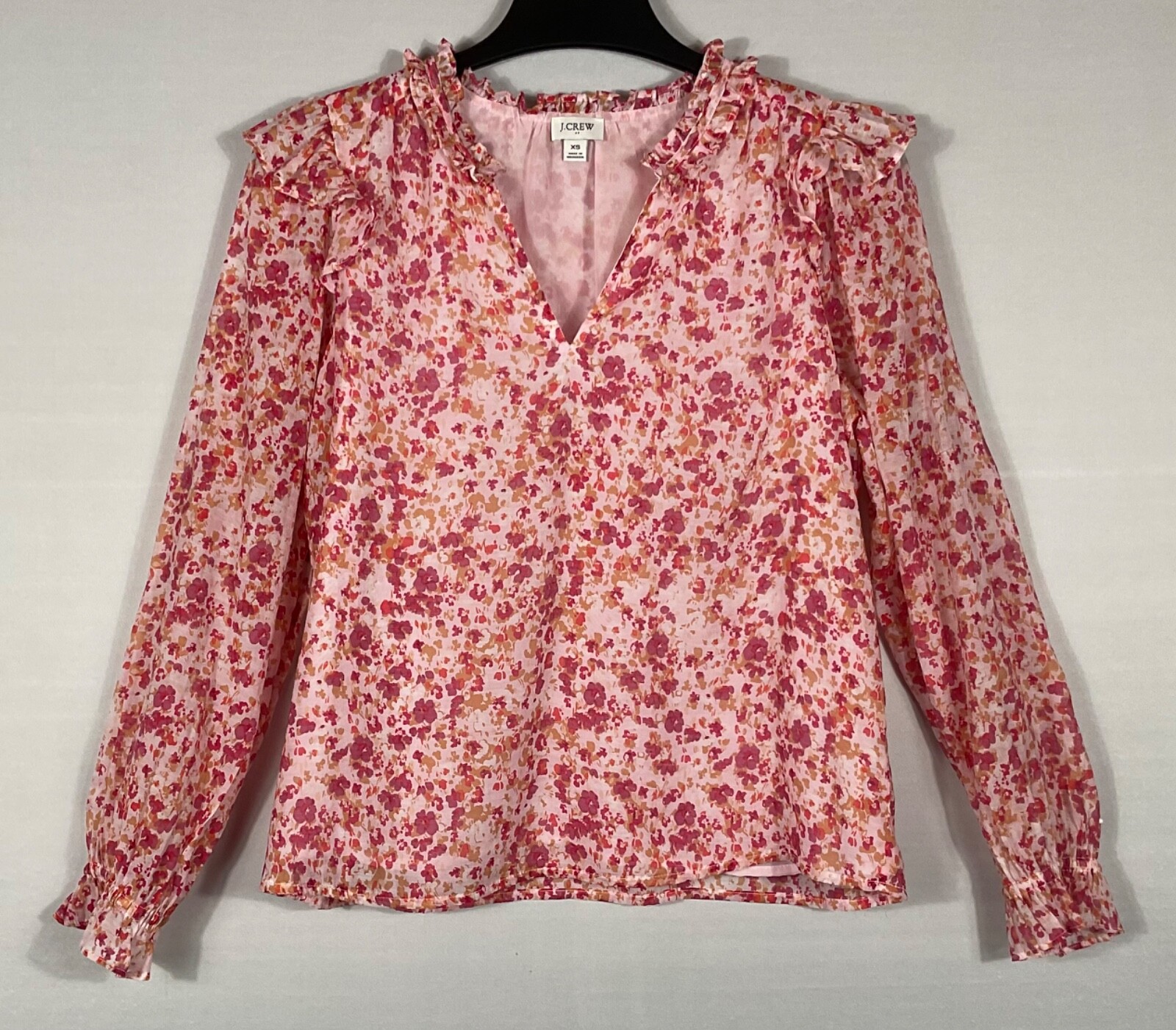 J. Crew Top Womens XS Pink Floral Ruffled V-Neck Lined Lightweight Long Sleeves