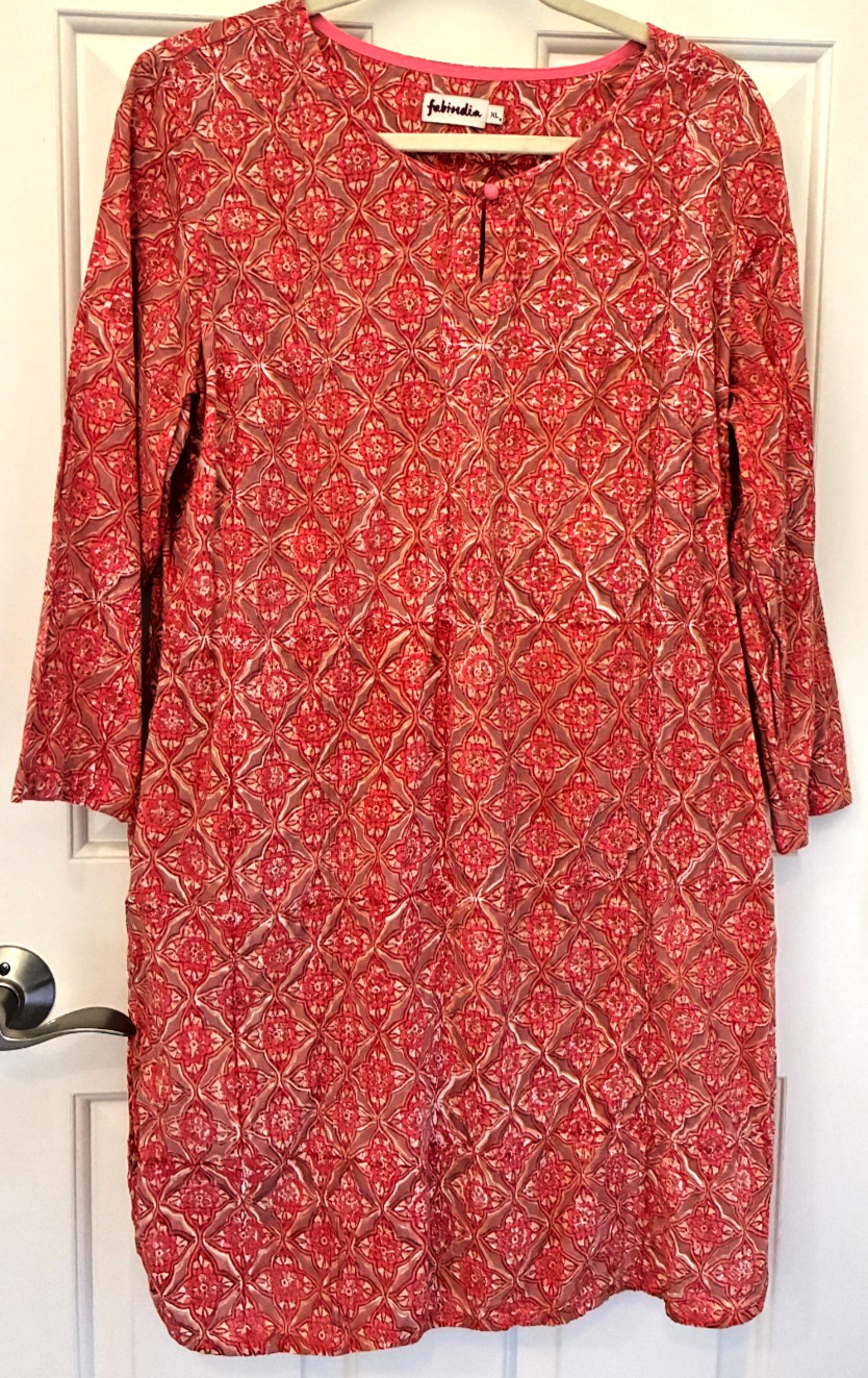 FABINDIA Top Womens XL Cotton Tunic Kurta 3/4 Sleeve orange and pink