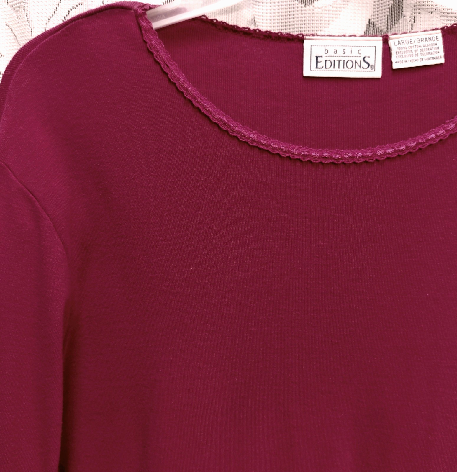 L BASIC EDITIONS 100% COTTON STRETCH RIB KNIT CERISE LONG SLEEVE TOP T-SHIRT