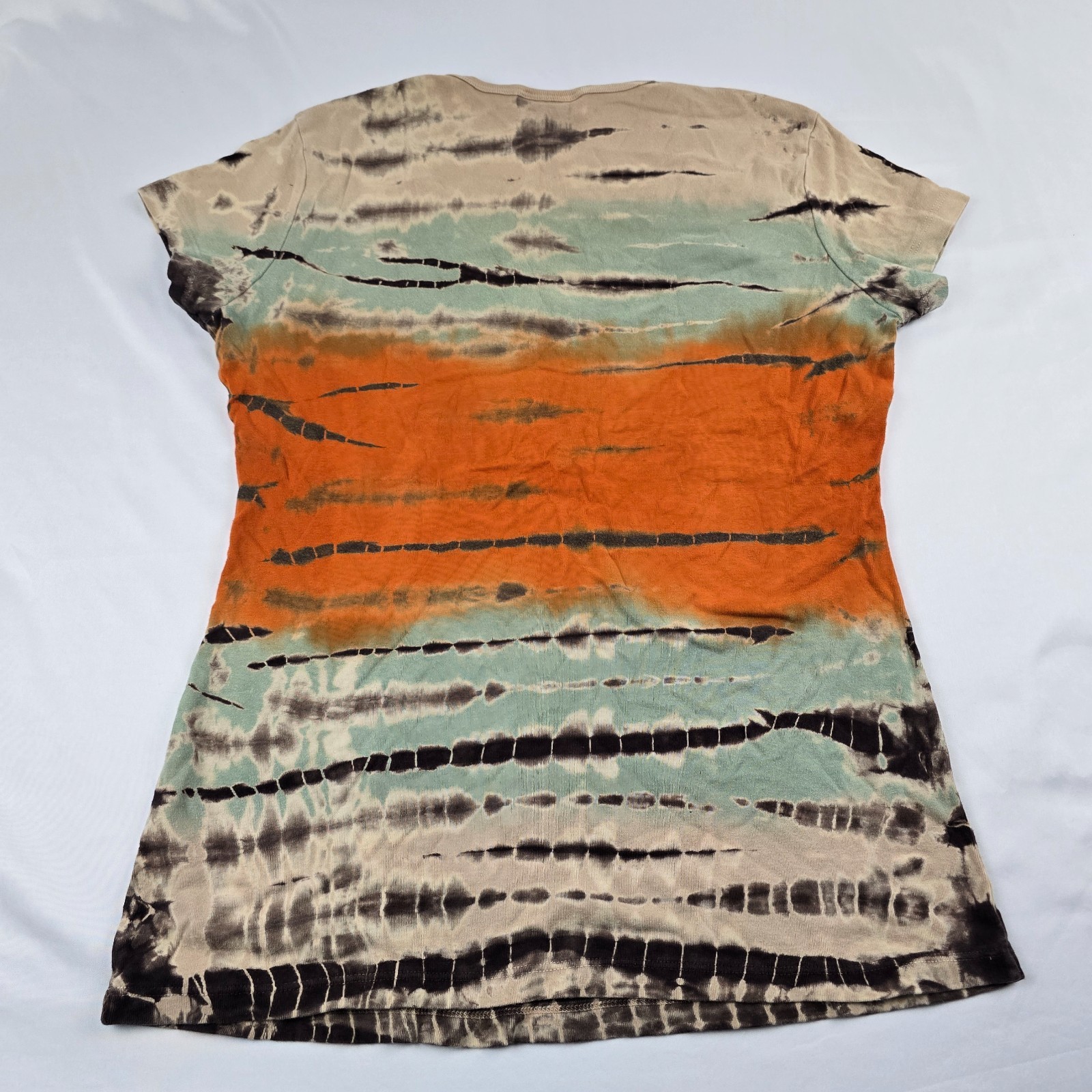 Vintage Tryst Womens L Tie Dye Short Sleeve T Shirt V Neck Orange Blue Boho Y2K