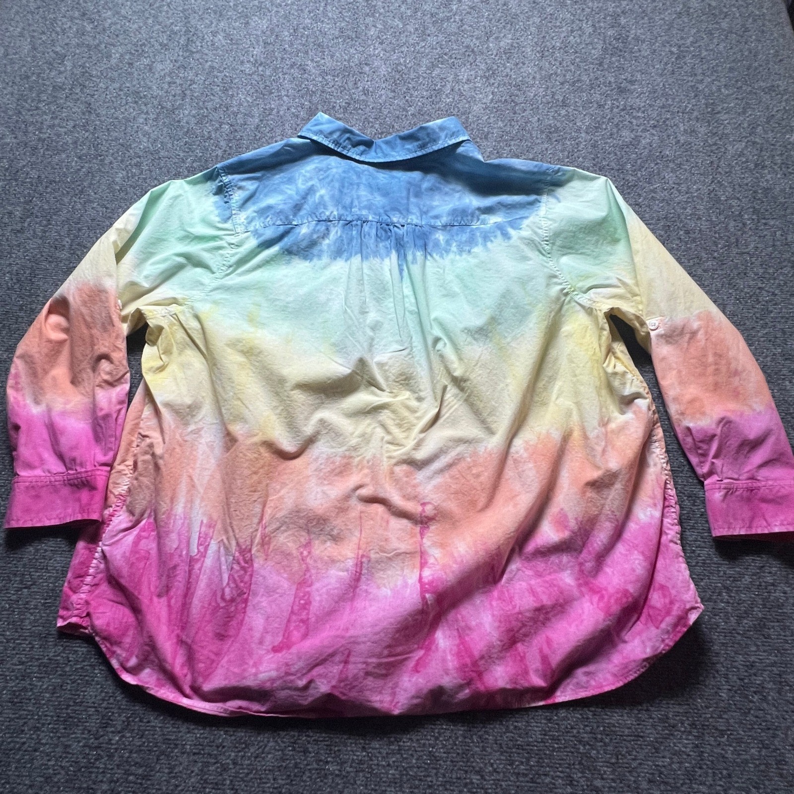 Lands End Womens 2X Tie Dye Cotton Button Down Shirt Rainbow Joy Pride Plus
