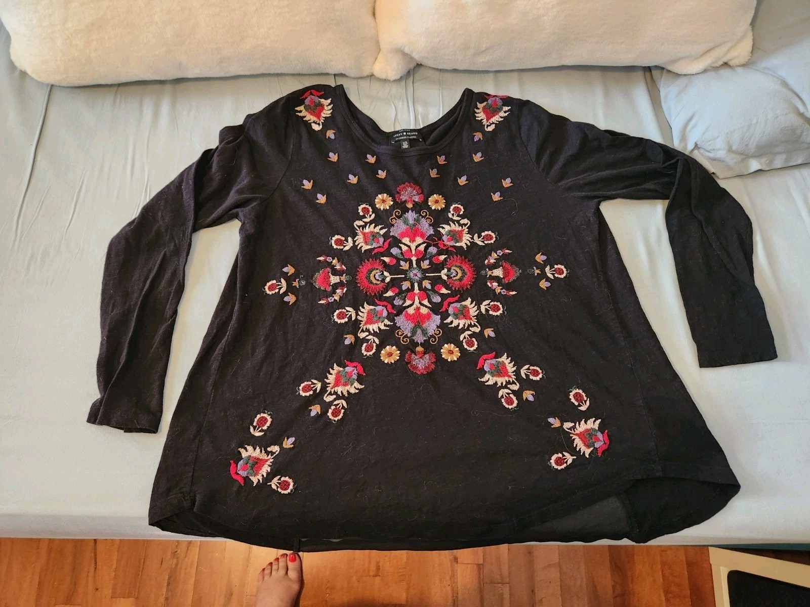 Lucky Brand Black Embroidered Floral with Sheer Back Top. Size L