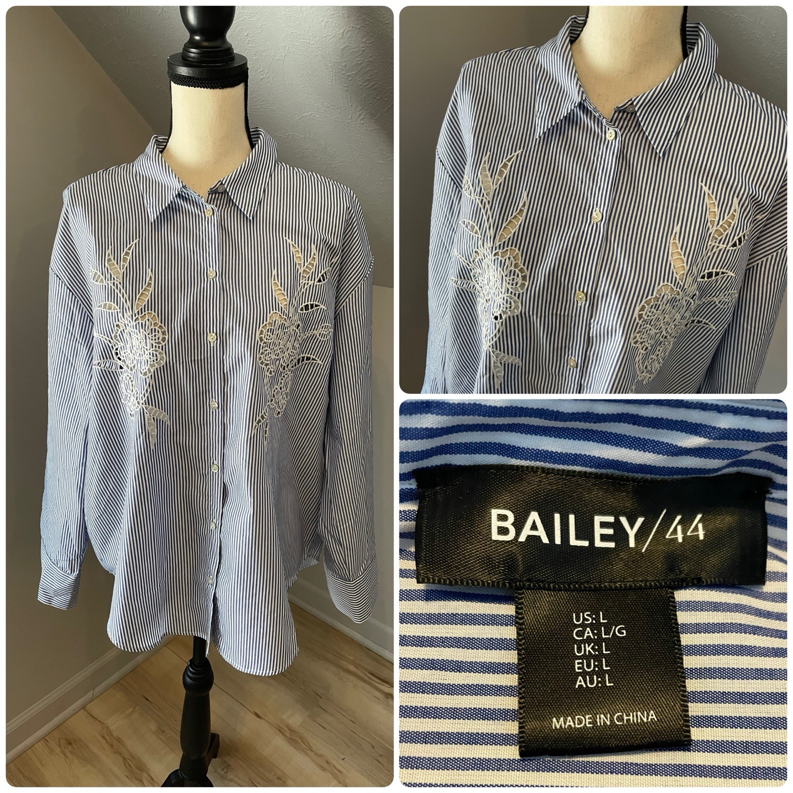 Bailey/44 Button Up Embroidered Blouse Size L Navy Stripe Lightweight Coastal
