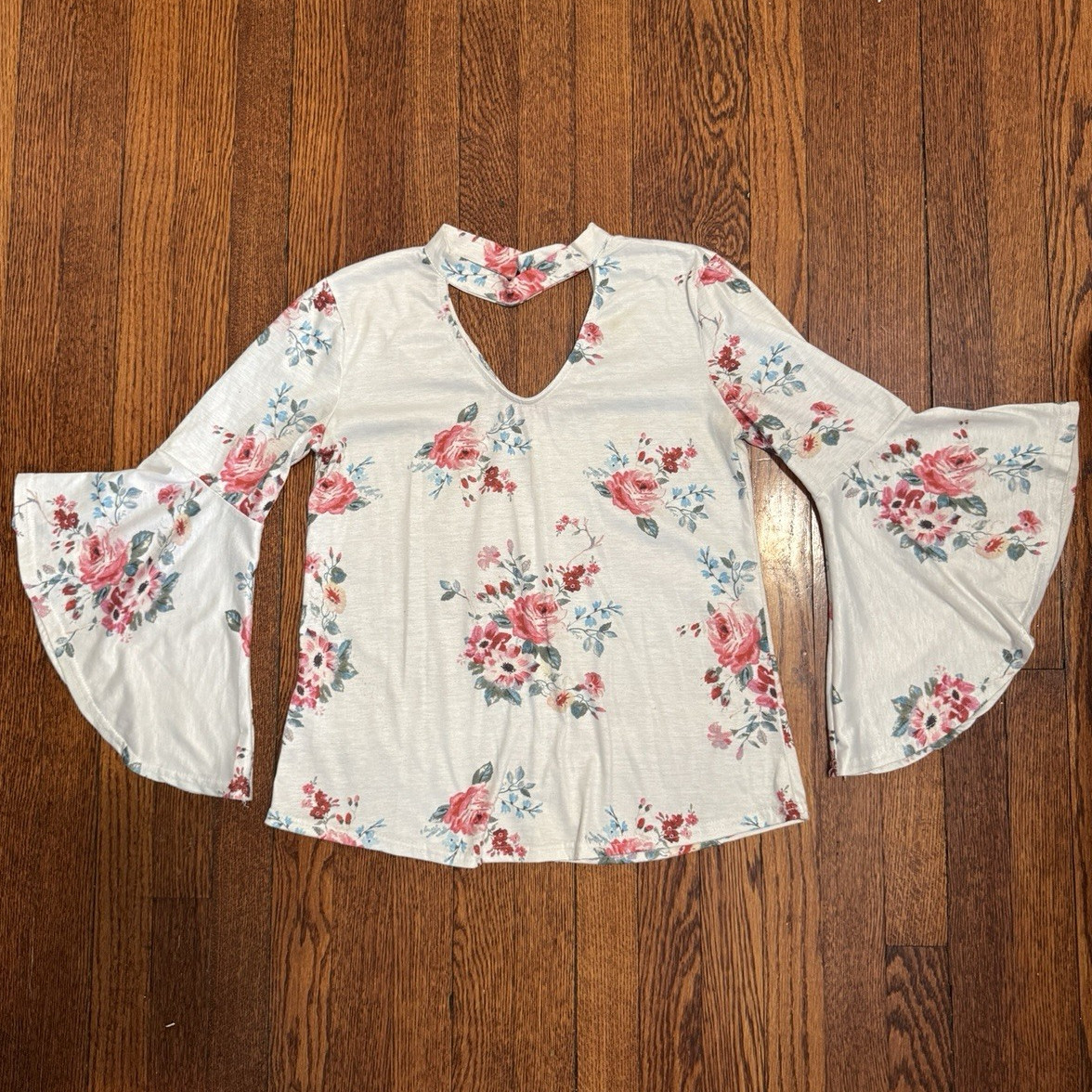 Floral Keyhole Neck Bell Long Sleeve Blouse Button Accent S