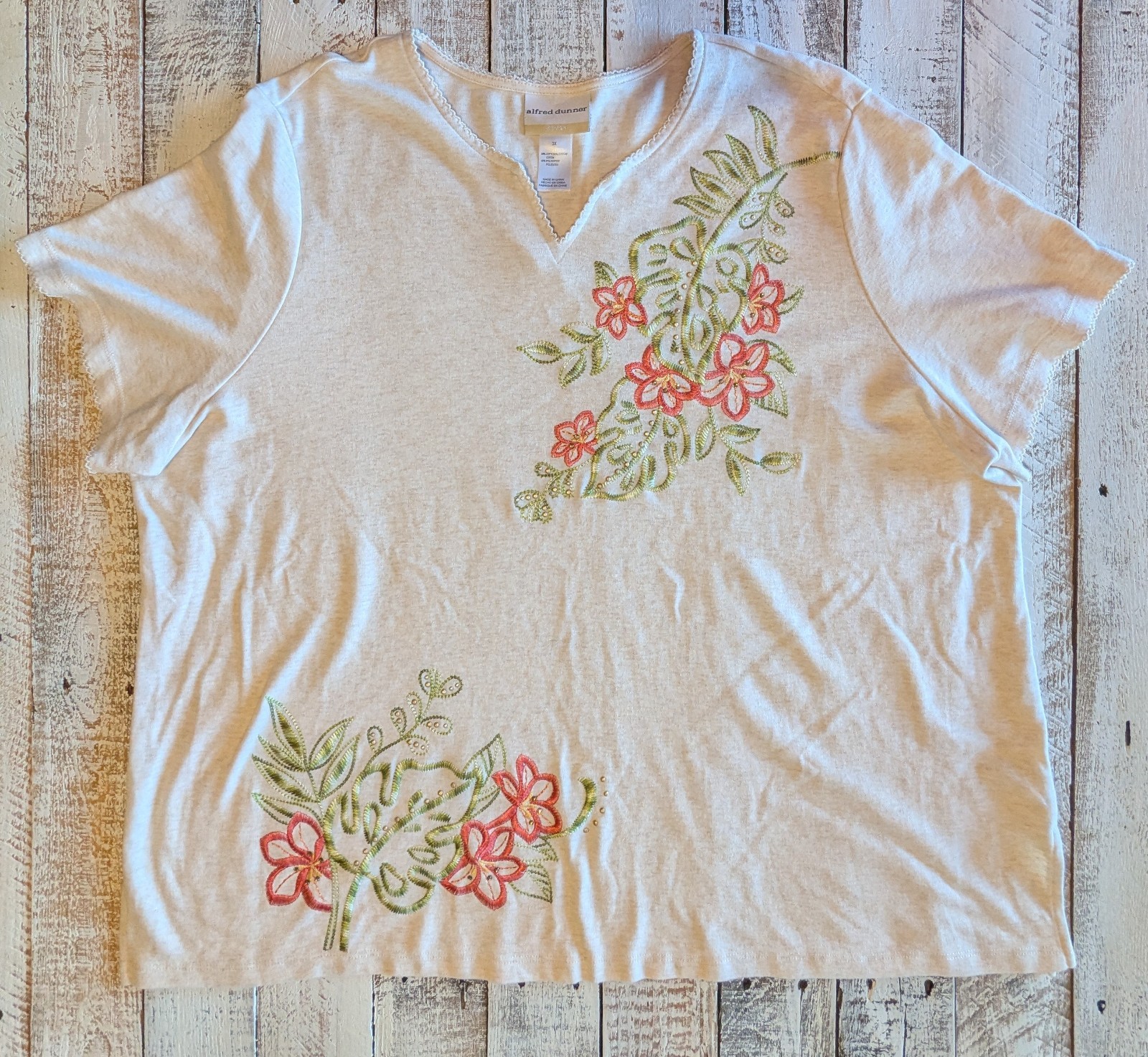 Alfred Dunner Woman 3X Floral Embroidered Flowers Knit Short Sleeve Blouse Top