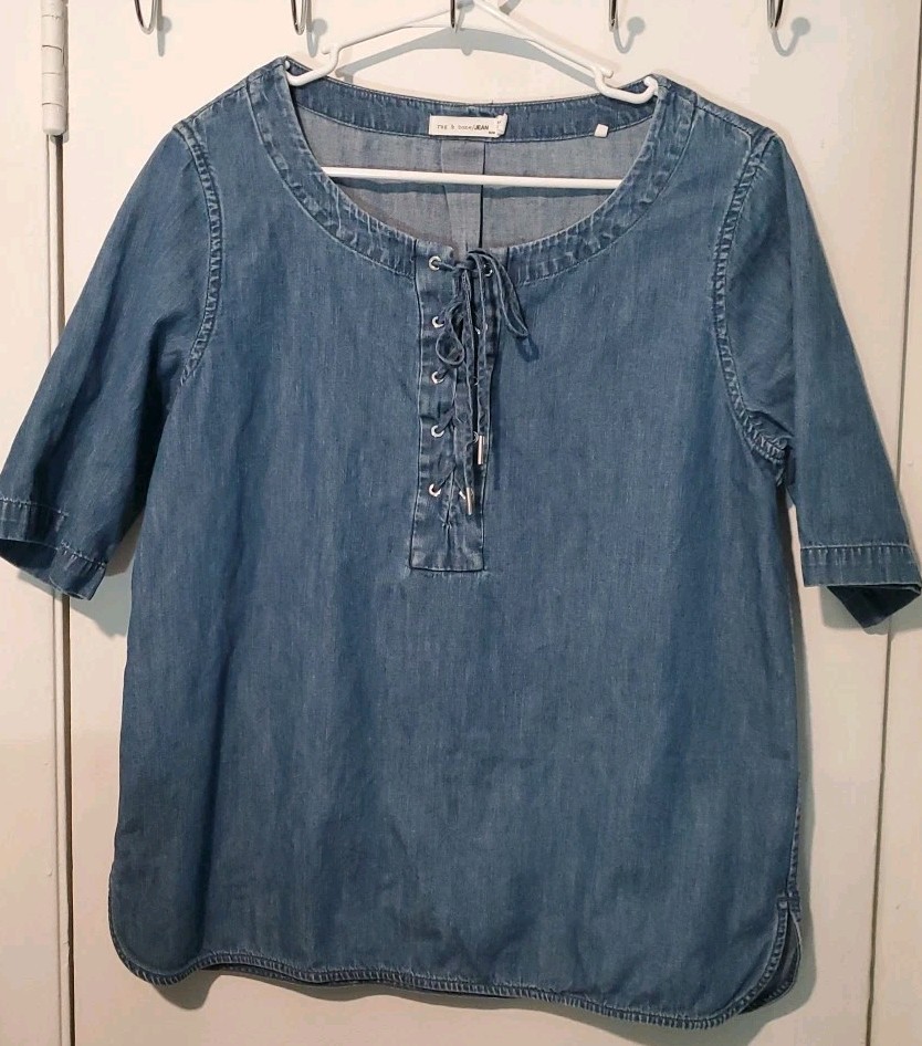 Rag @ Bone Jean M 3/4 Sleeve Keyhole Lace Up 100% Cotton Blue Denim Blouse #187