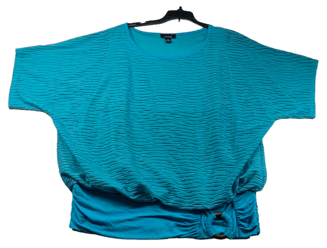 Alyx Blouse Womens Plus Size 1X Blue Short Sleeve Stretch Sheer