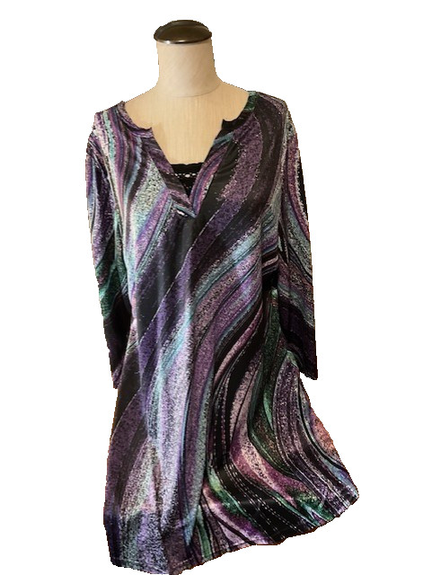 Lily by Firmiana XL Pullover Tunic Top Black Crochet Inset GREAT Pattern-Colors