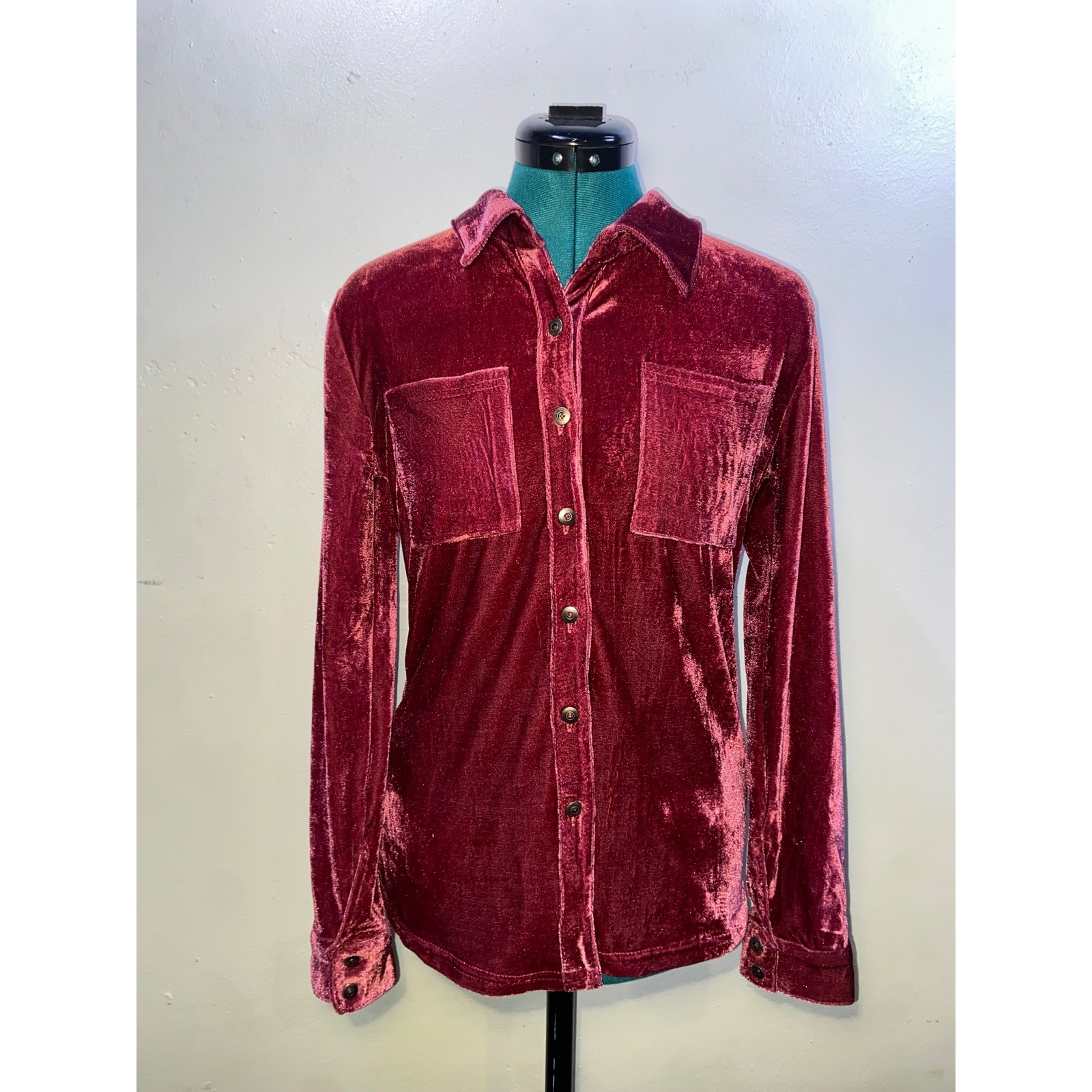 Elfin Dark Pink Velvet Button Down Shirt Y2K Barbie Velour Jacket Whimsigoth -L