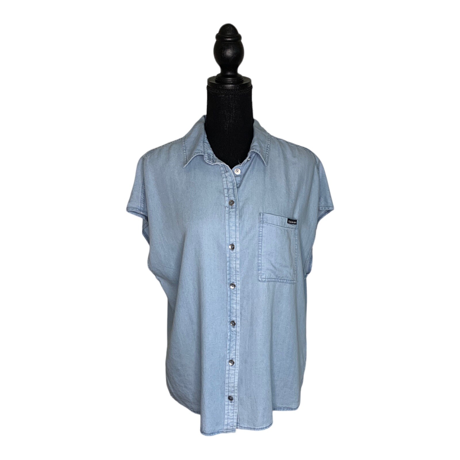 Calvin Klein Jeans NWT S Women Blue Button Up Sleeveless Colar Shirt $69 #1557D