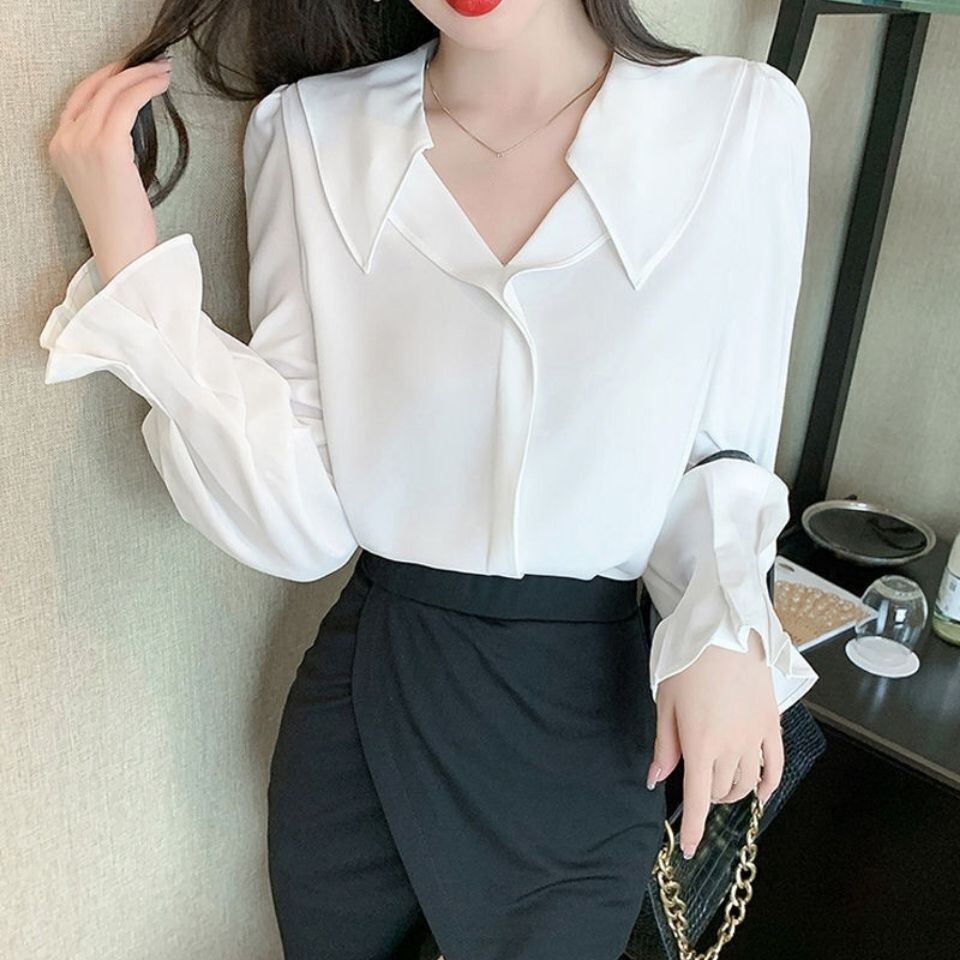Fashion Korean Womens Puff Sleeve Chiffon OL Career Business Tops Shirts Blouse
