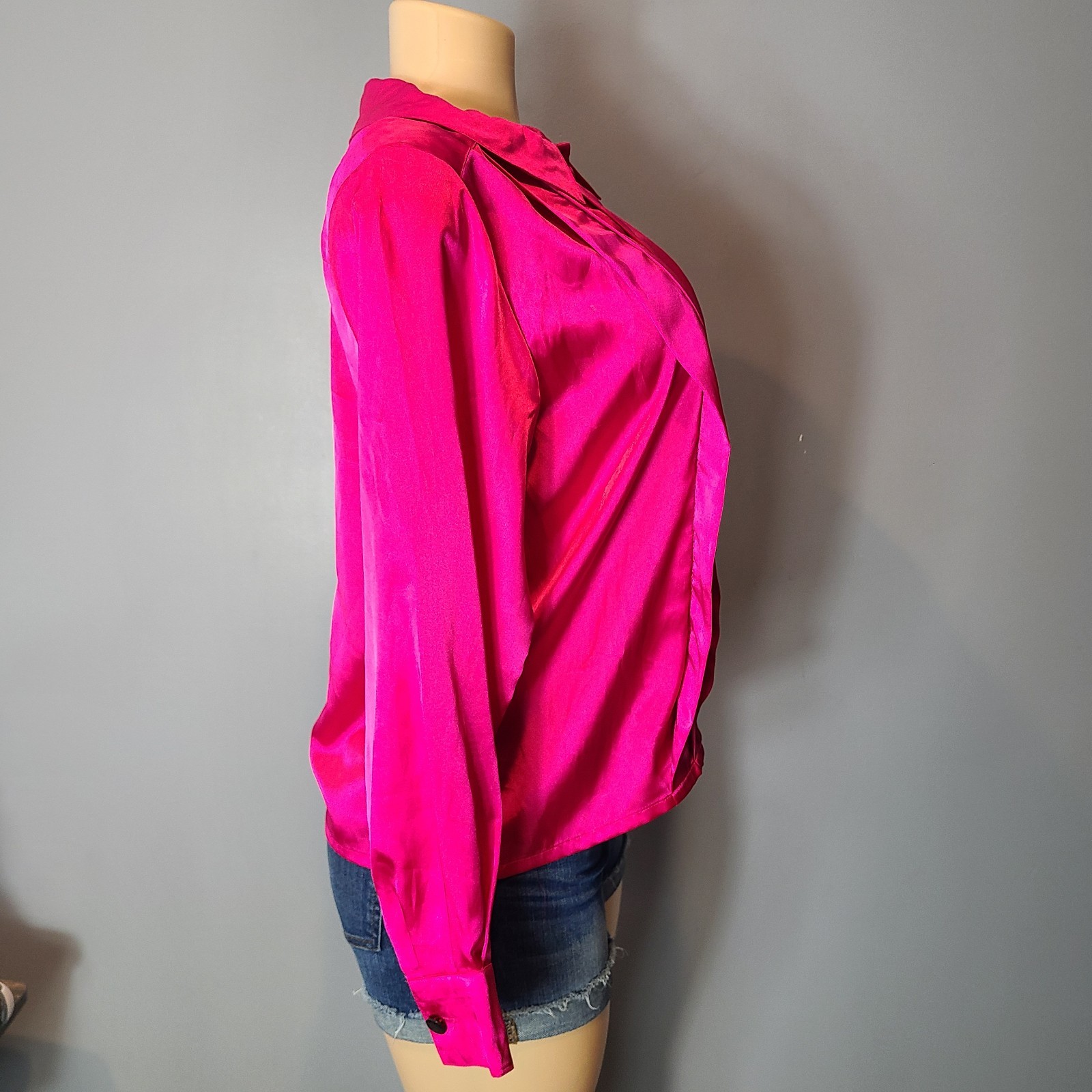 Vtg 80s 90s Top Satin Pink Pleated Retro Pink Statement Tailored Collared Sz M
