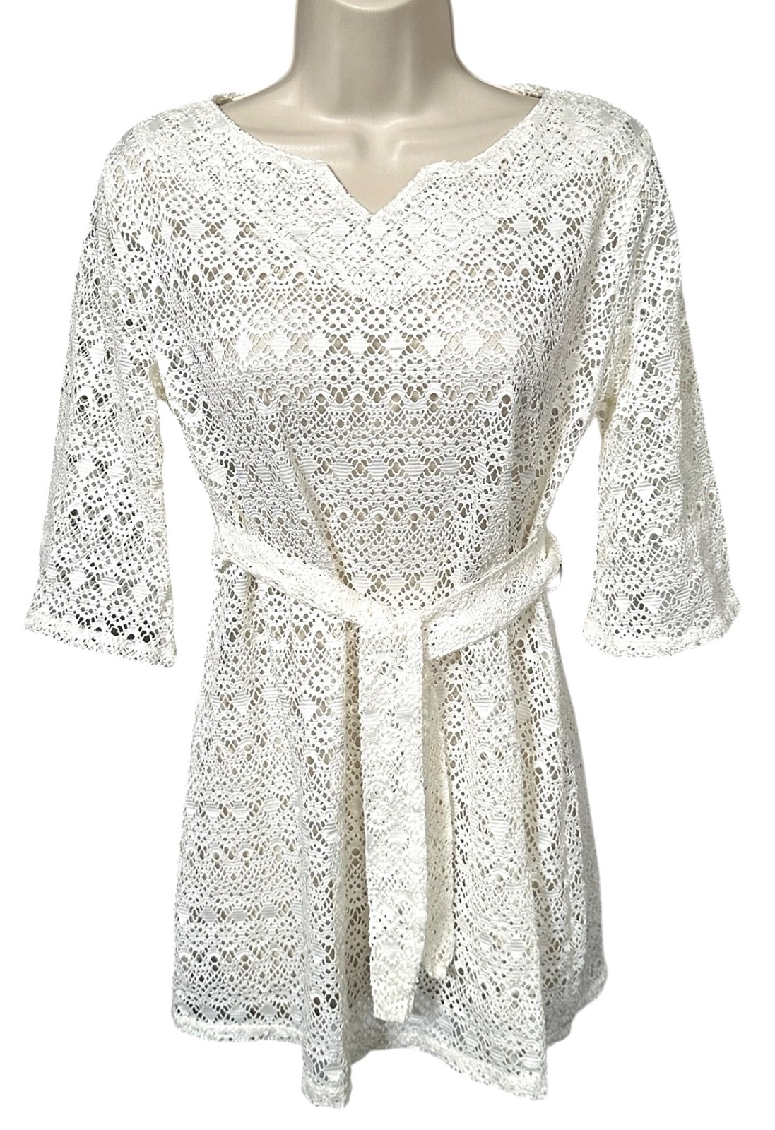 MERONA Women’s Belted Crochet Top Half Sleeve Sheer Size S Off-White