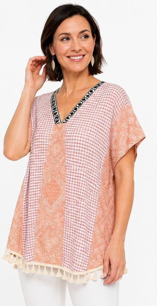 New GIGIO M 8 10 Dusty Apricot Gingham Bandana Oversized Caftan Tunic Top