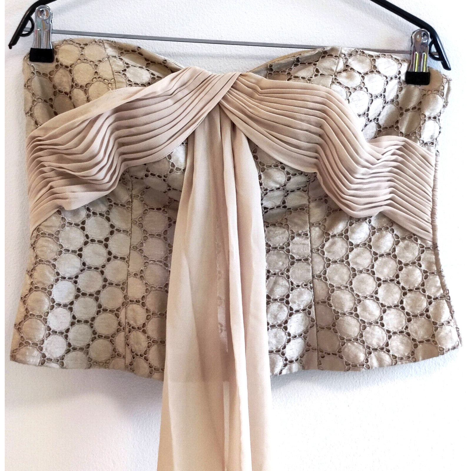 Champagne Dupion Silk Broderie Anglaise Boned Corset Top Pussy Bow Frank Usher L