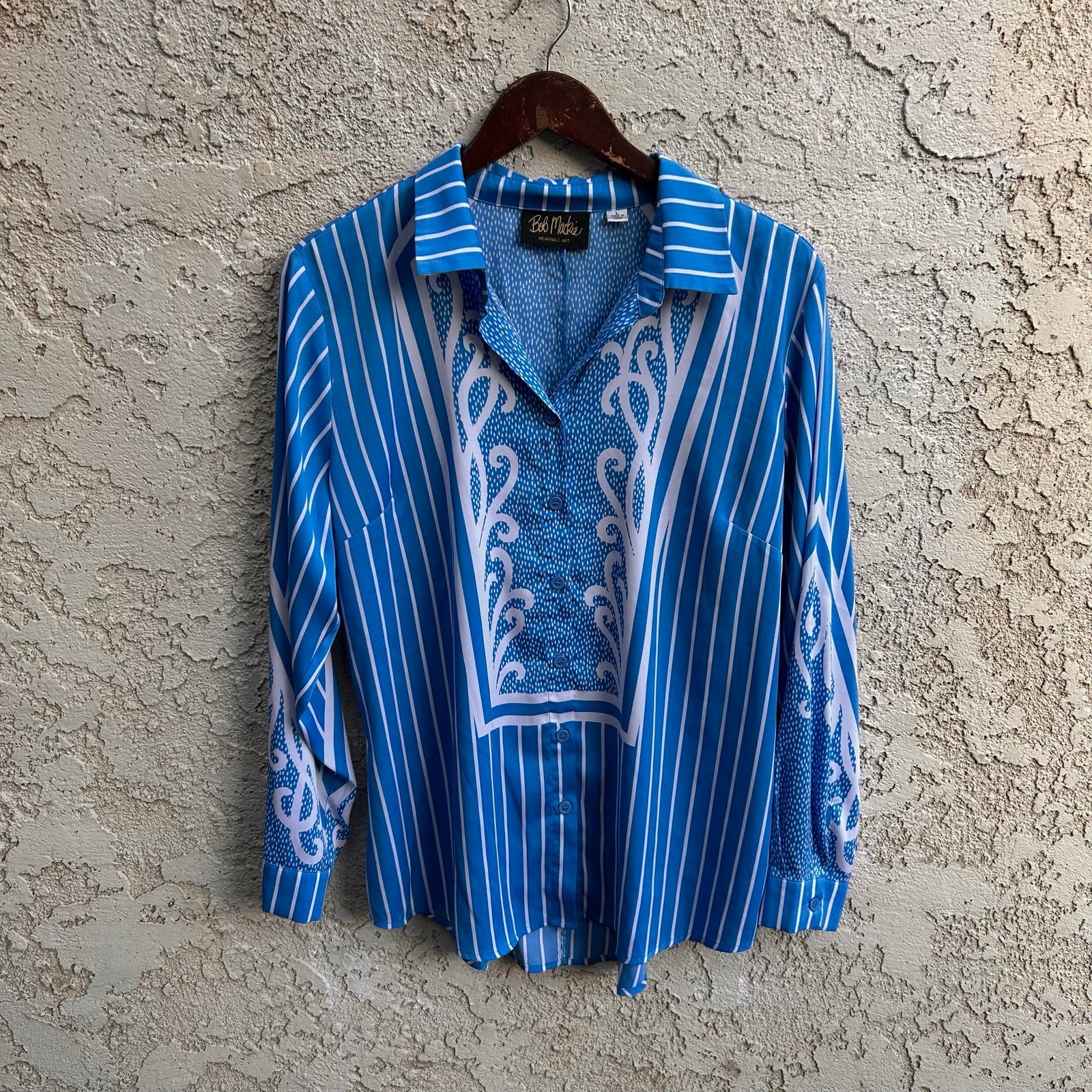 Vintage Bob Mackie Wearable Art Blue Striped Scroll Print Button Front Blouse L